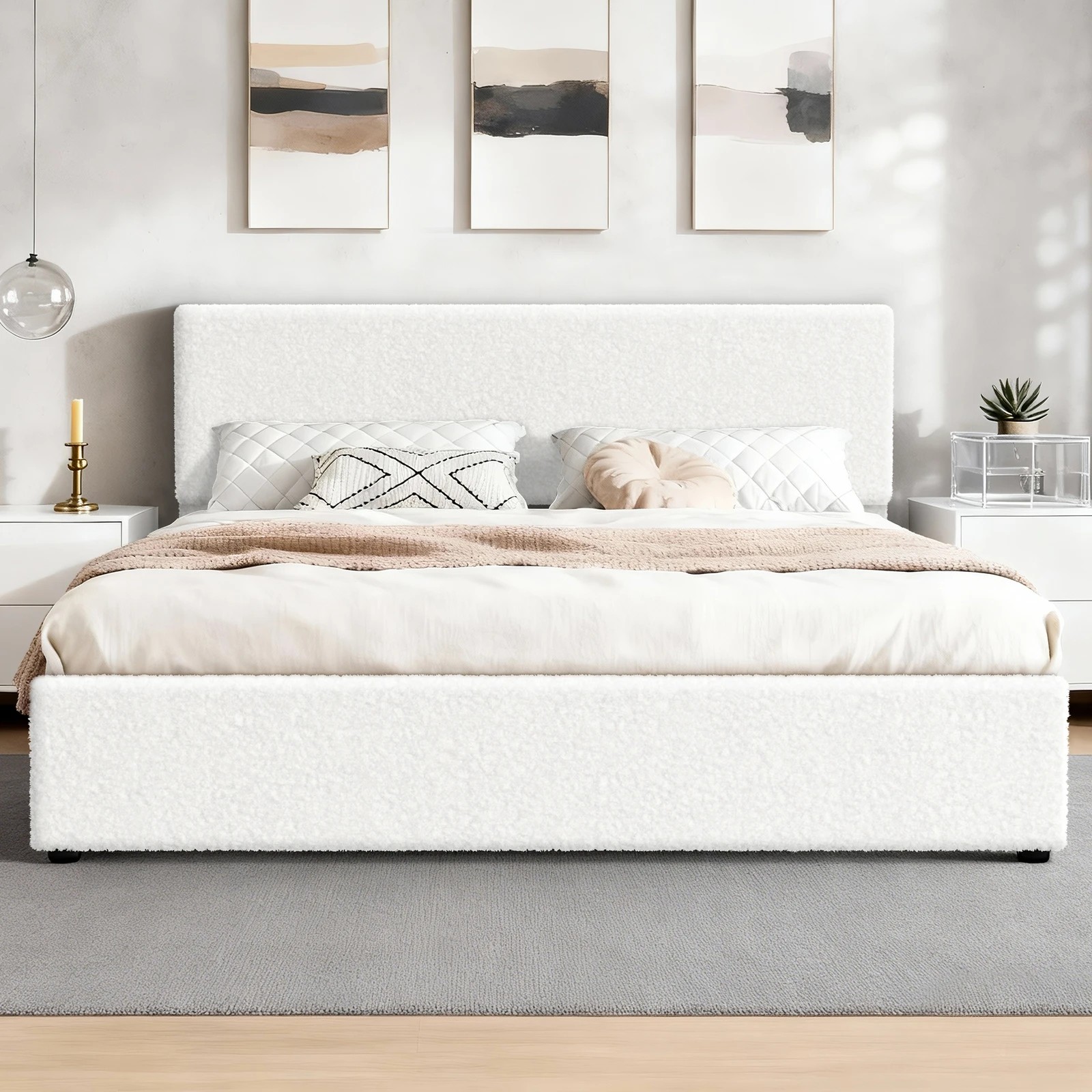 3 Alfordson Bed Frame Queen Gas Lift Storage Adjustable Headboard Boucle Luria - White, 3 of 10