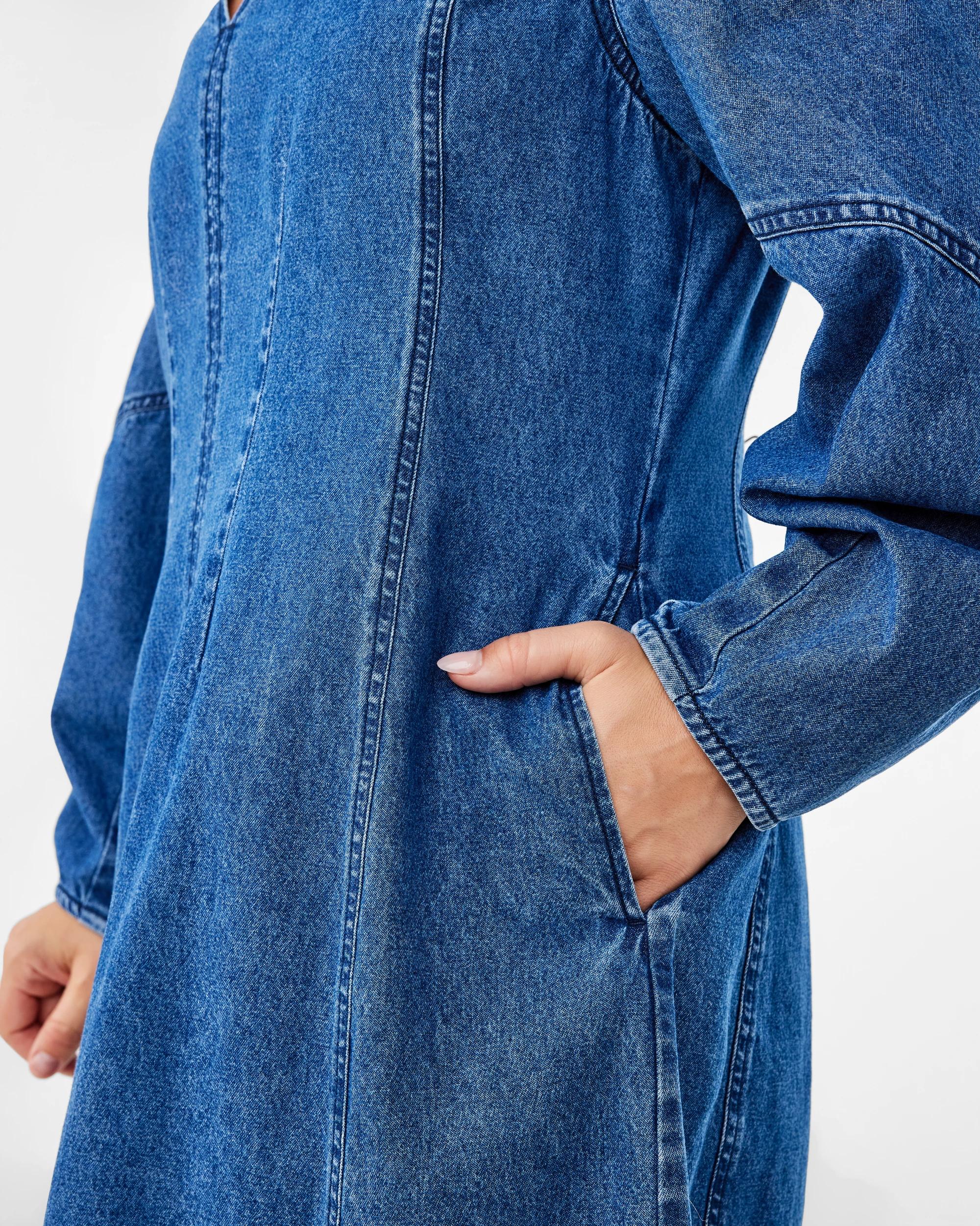 8 Long Sleeve Denim V-Neck Mini Dress Mid Wash, 8 of 8