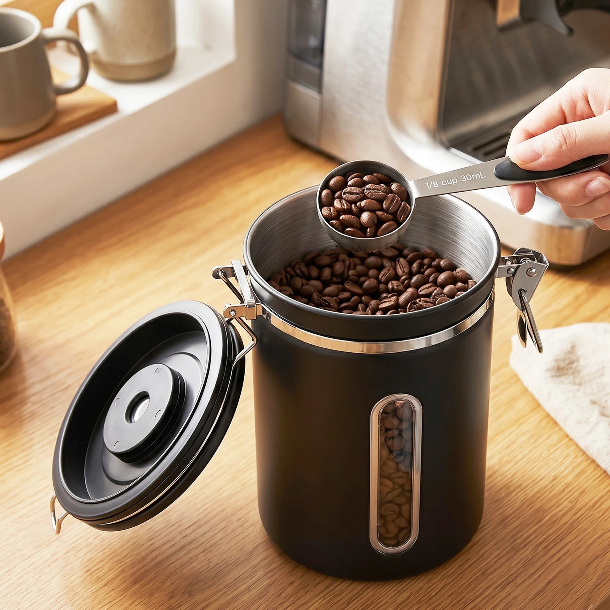 4 5-Star Chef 1.8L Stainless Steel Coffee Bean Storage Container Coffee Canister with Window & Scoop Coffee Jar - Black, 4 of 9