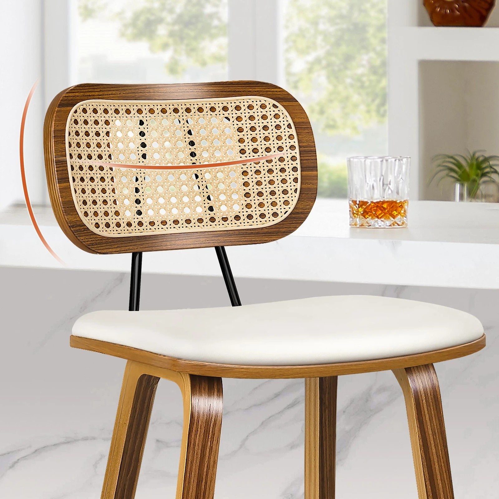 4 Alfordson 4x Bar Stools Kitchen Vintage Leather Seat Rattan Chair Wooden - White, 4 of 9