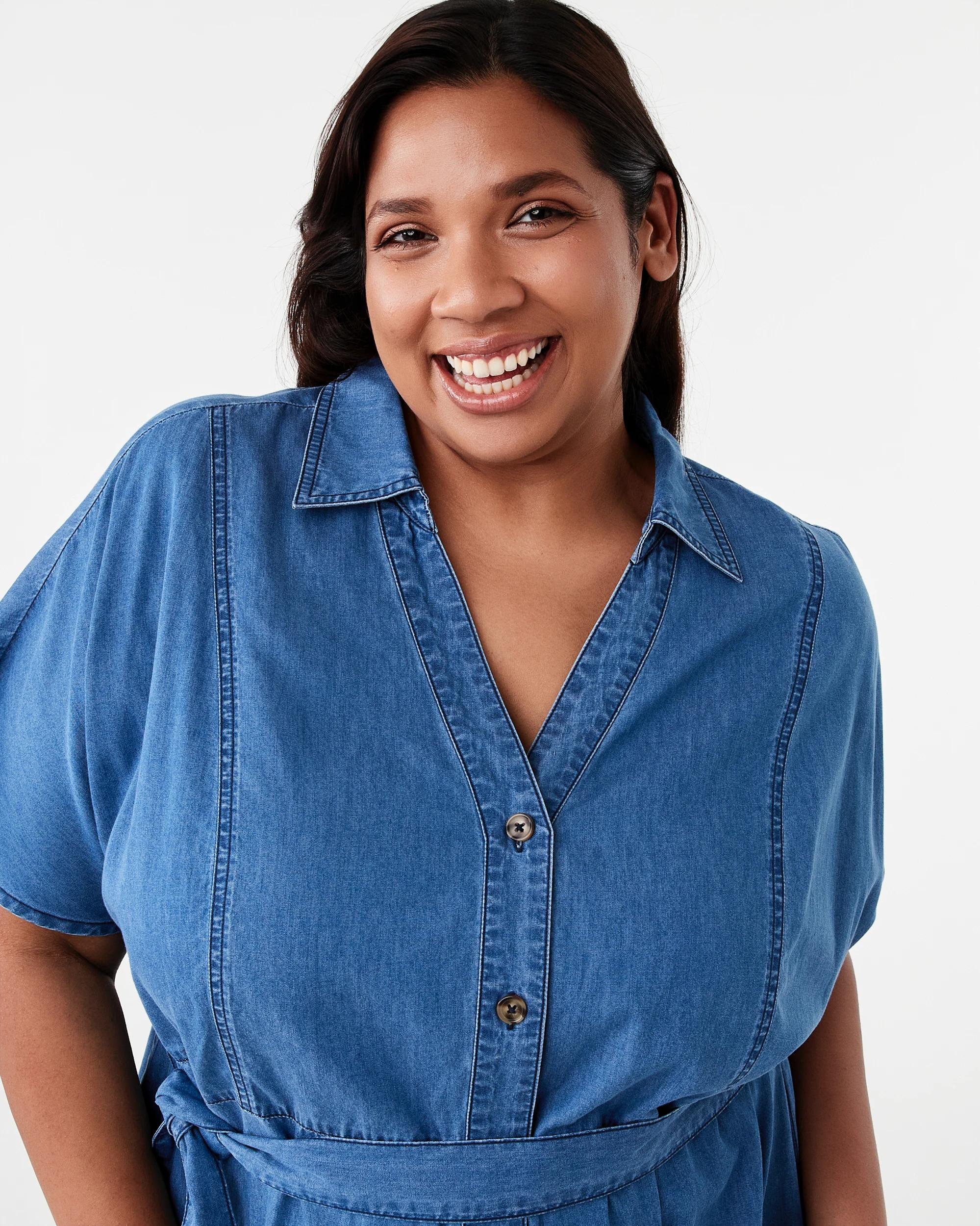 4 Curve Short Sleeve Button Through Midi Dress Blu M Wsh, 4 of 8