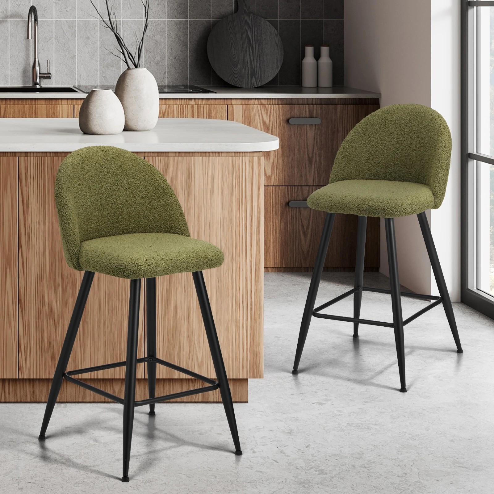 2 Oikiture 2x Bar Stools Kitchen Dining Chairs Counter Stool Boucle Padded
 - Green, 2 of 10