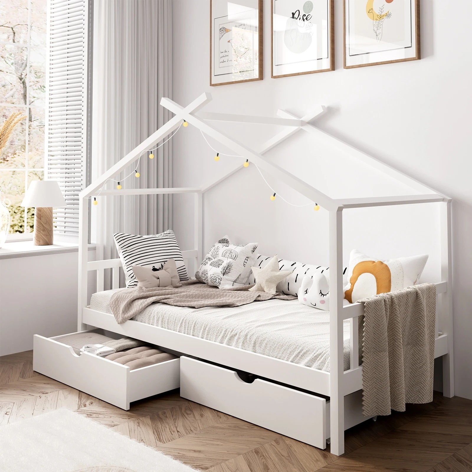 2 Oikiture Bed Frame Wooden Single Size Timber House Frame Storage Drawers
 - White, 2 of 10
