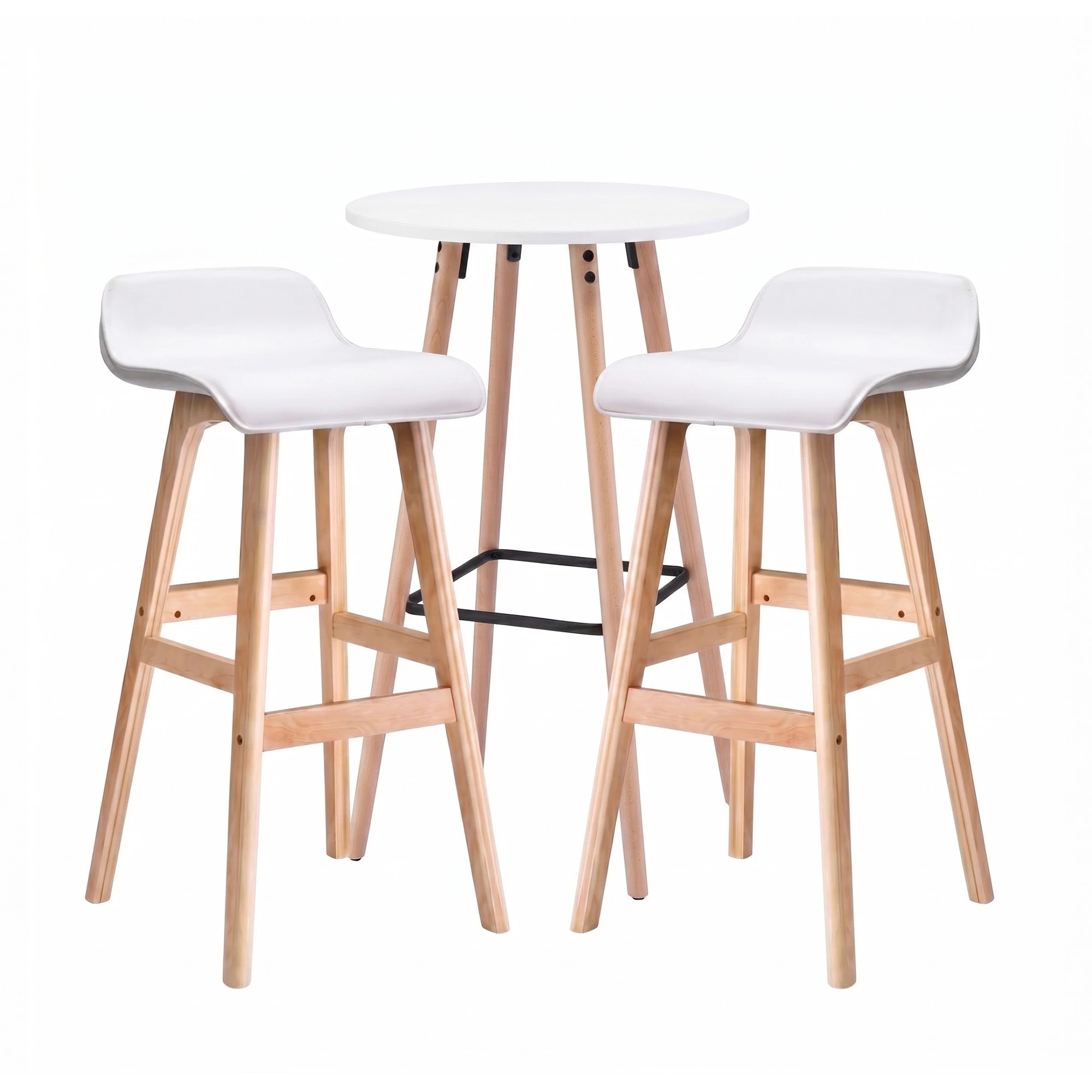 3 Artiss 3 Pcs Bar Table and Stools Set with Cushioned Stools Round Wooden Pub Dining Table - White, 3 of 9