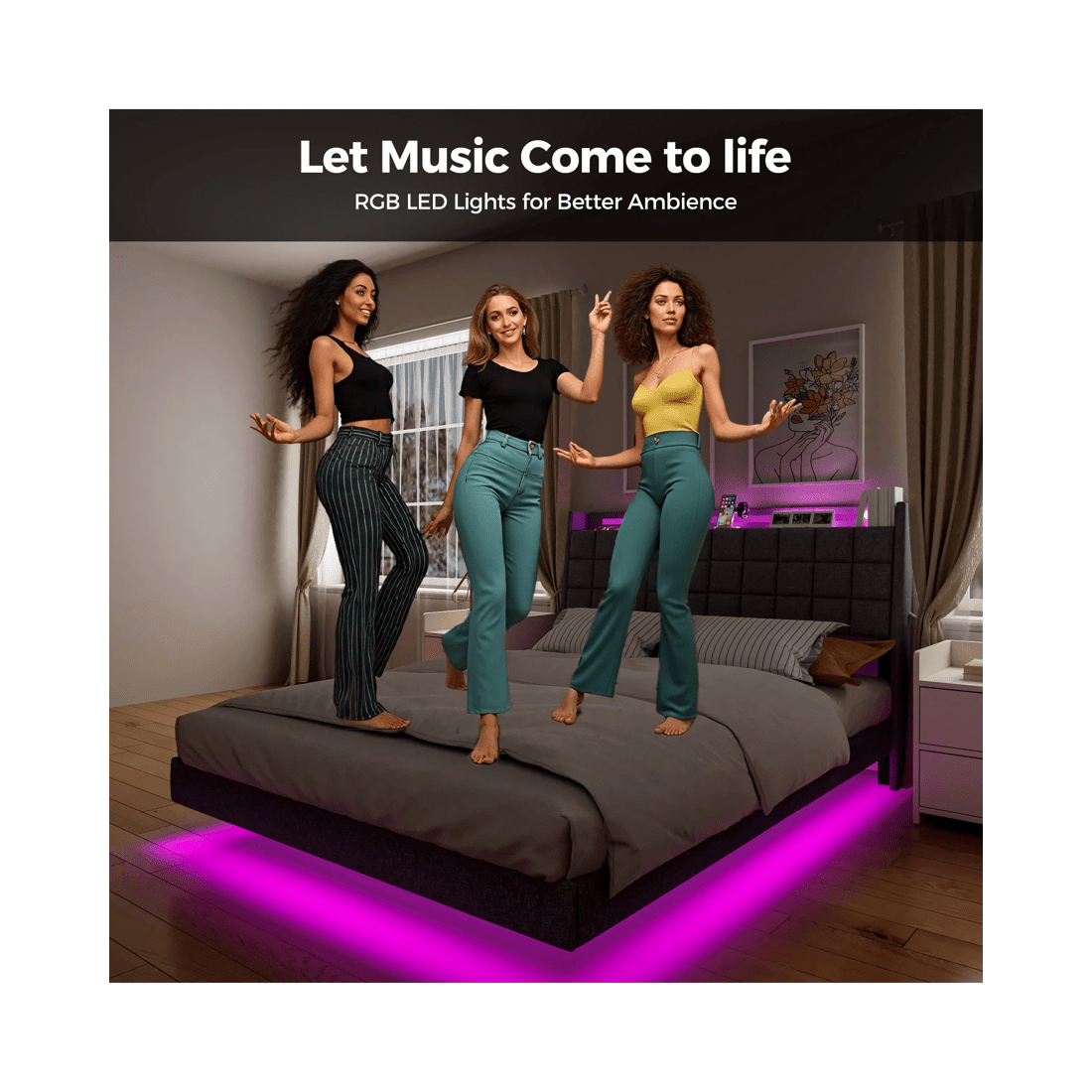 8 Advwin Queen Floating Bed Frame With Led Lights And Storage Headboard Dark Grey, 8 of 9