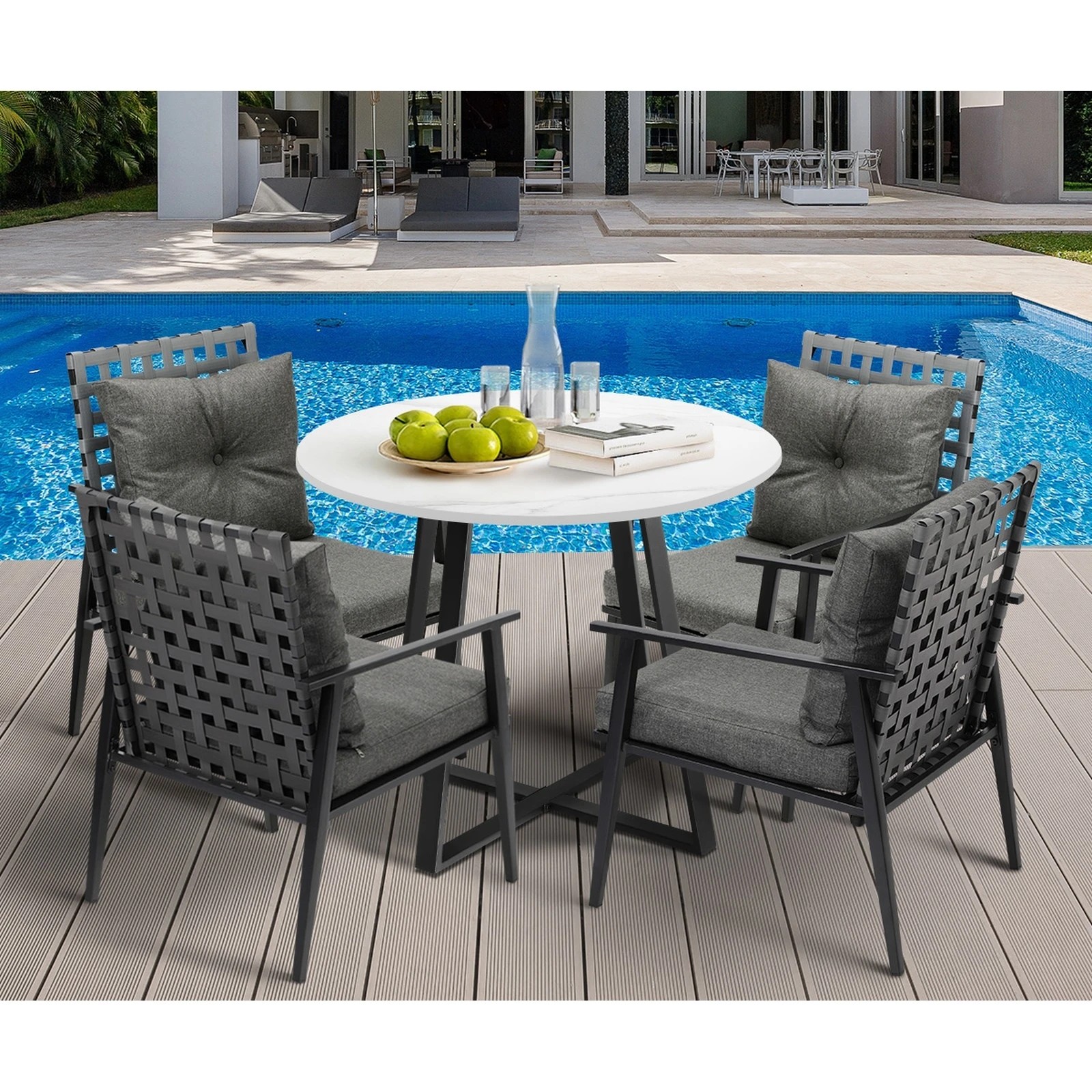 4 Livsip Outdoor Dining Set 4 Seater Marble Table Patio Furniture Rattan Armchair - Multi, 4 of 9