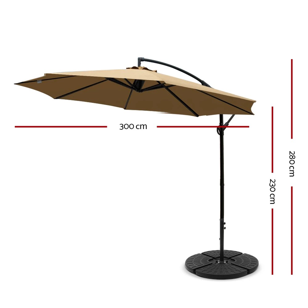 2 Instahut 3m Outdoor Umbrella w/Base Cantilever Beach Garden Patio - Beige, 2 of 6
