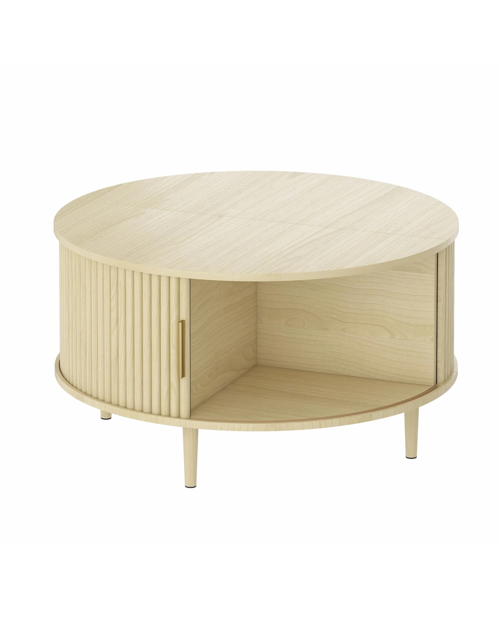 1 Advwin 80cm Round Coffee Table Fluted Center Table w/ Sliding Door Cabinet Side Table w/ Hidden Storage & Shelf, 1 of 8