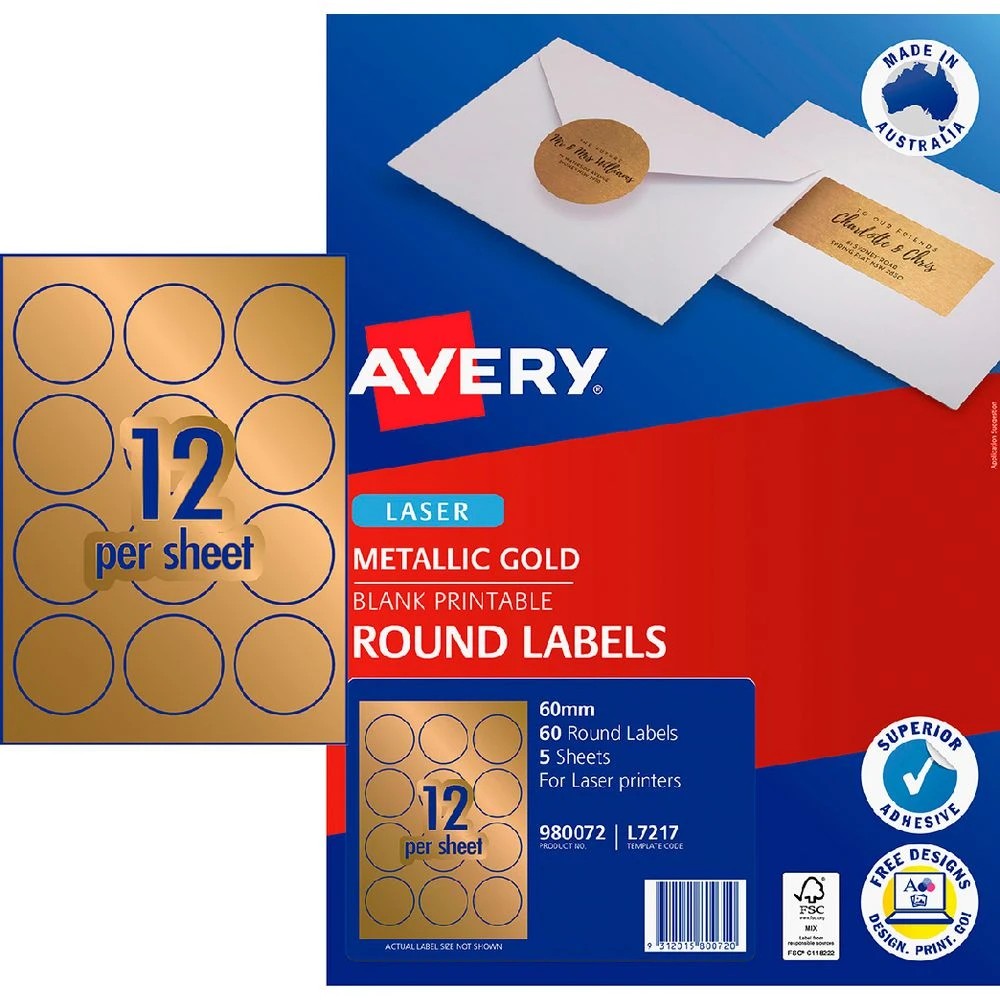 1 Avery 12UP Laser Round 60mm Labels Gold 5 Sheets, 1 of 5