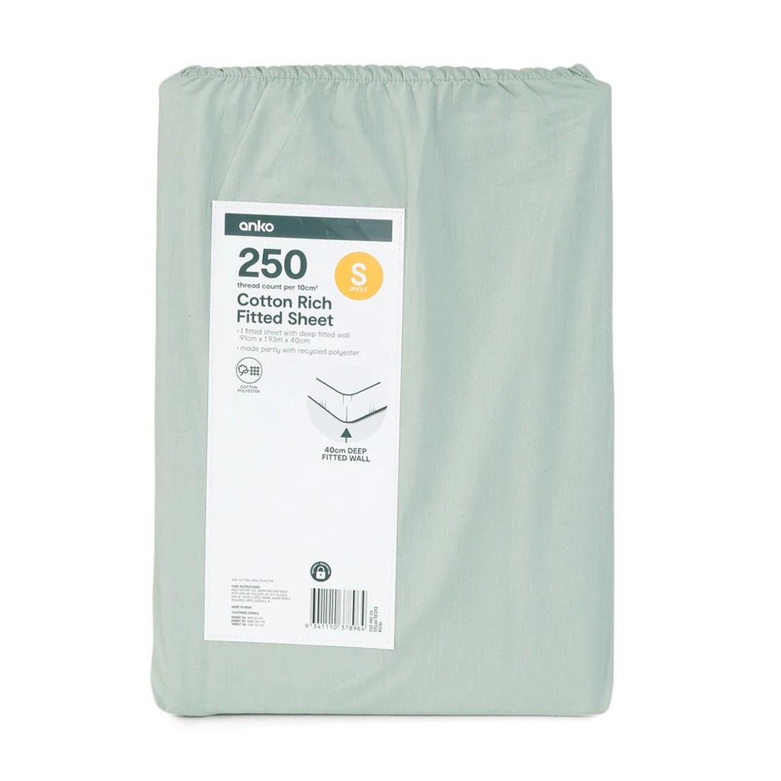 4 250 Thread Count Cotton Rich Fitted Sheet - Single Bed, Eucalyptus, 4 of 4