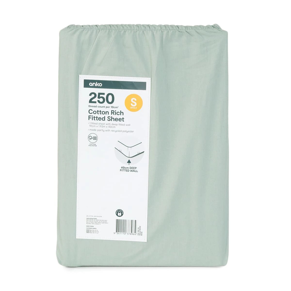 4 250 Thread Count Cotton Rich Fitted Sheet - Single Bed, Eucalyptus, 4 of 4
