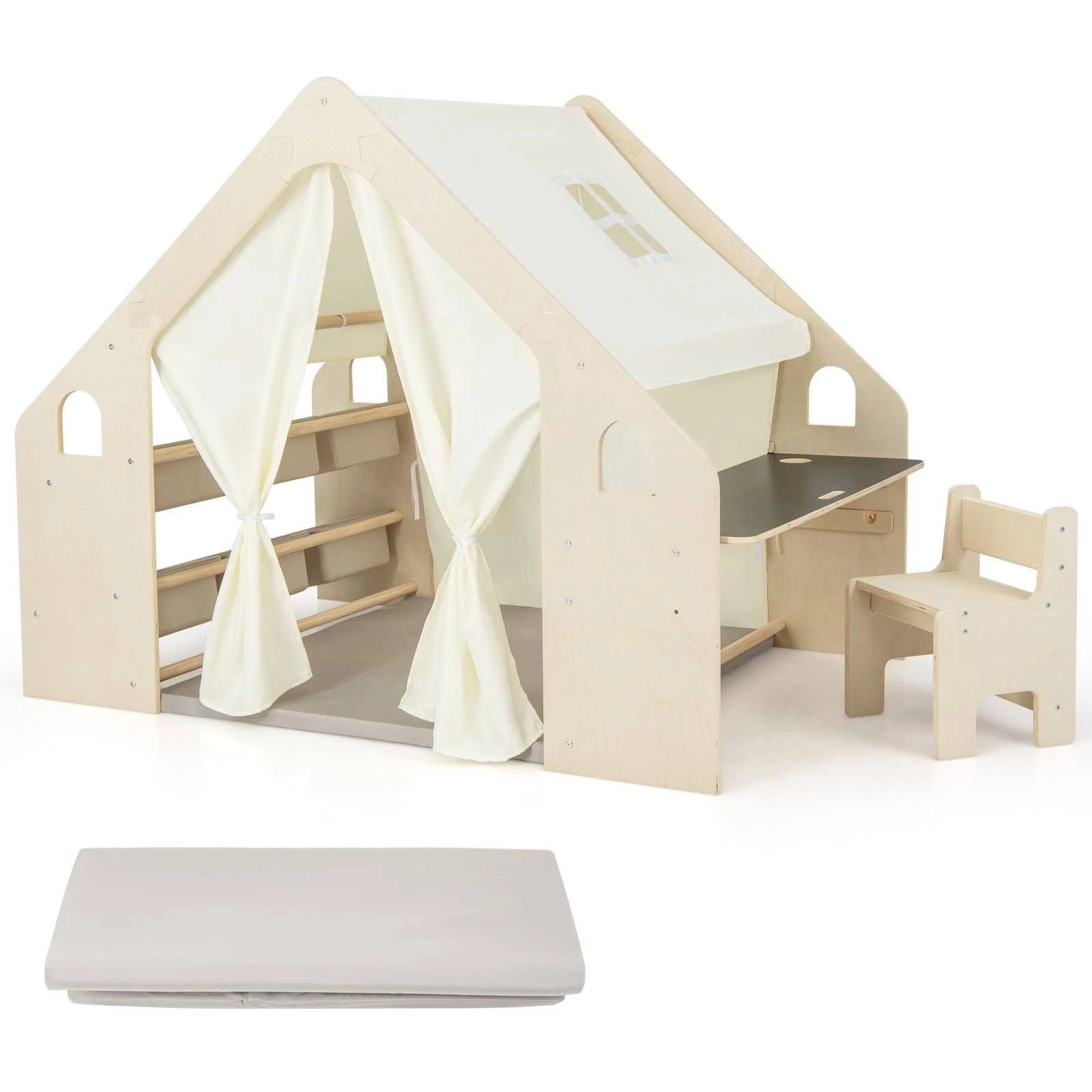 1 Costway 6-in-1 Playhouse Wooden Indoor Play Tent w/Blackboard, 1 of 1