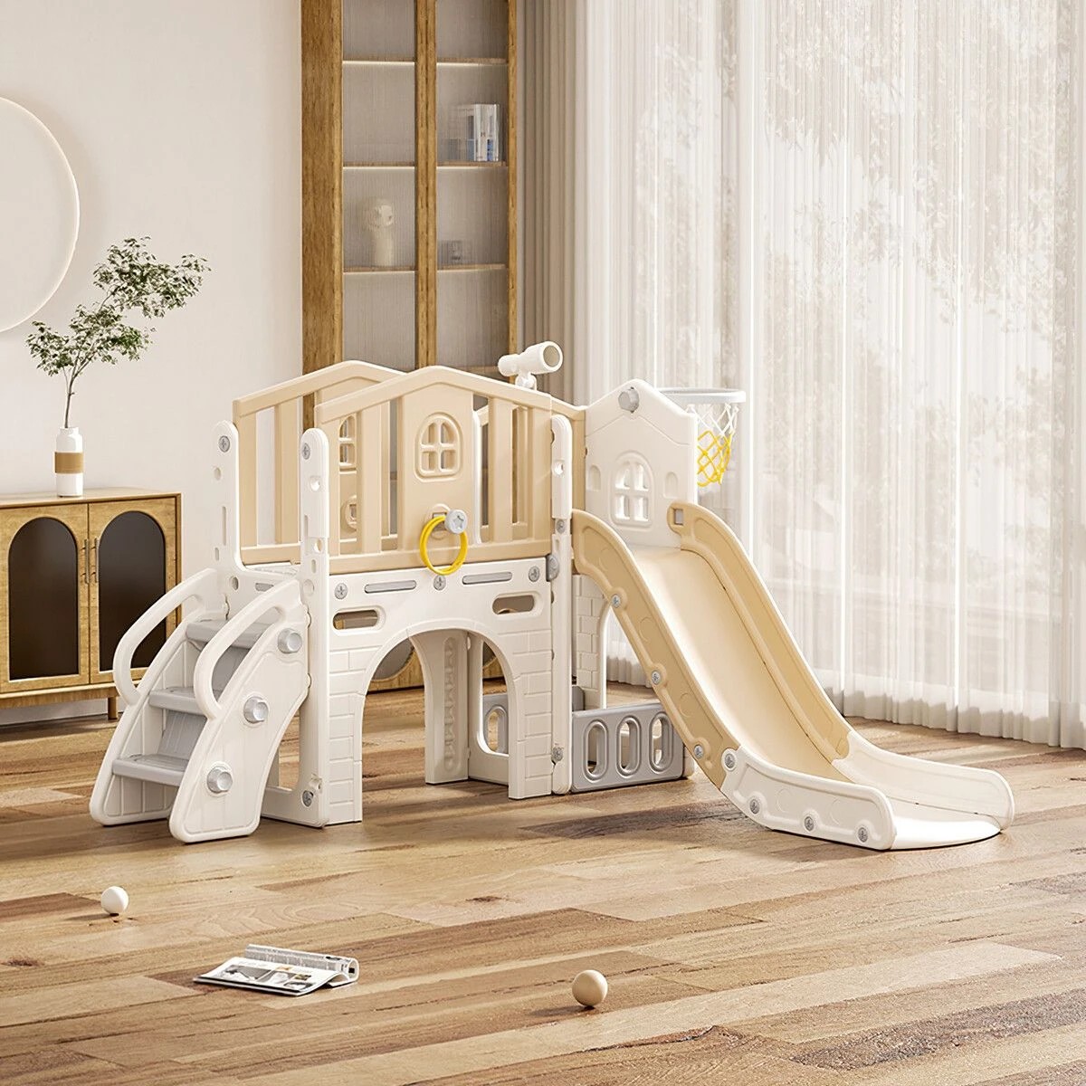 2 Kidbot 7 in 1 Kids Slide Set Ladder Steps Basketball Hoop Playground, 2 of 4