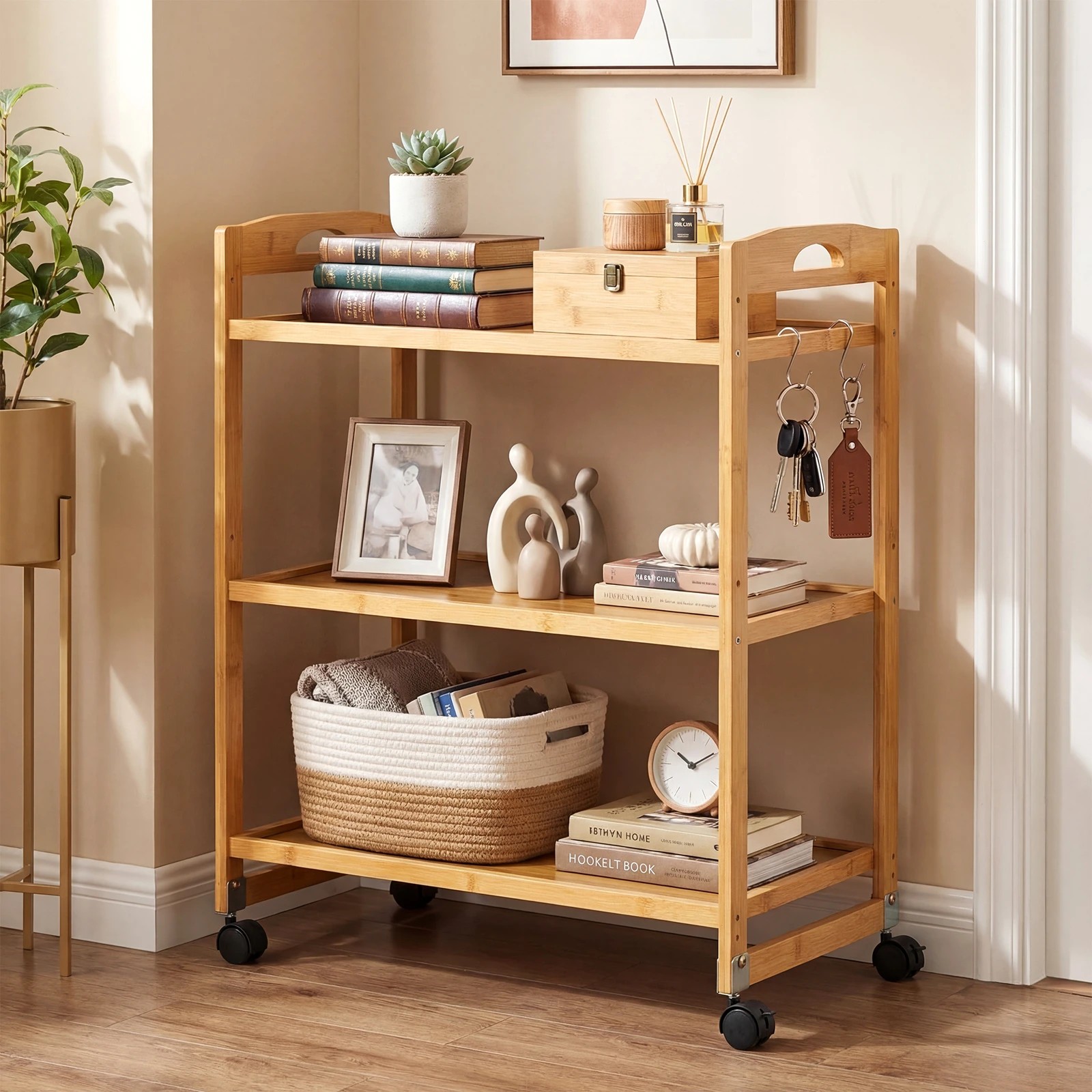 2 Costway 3-Tier Storage Rolling Cart Bamboo Utility Trolley - Natural, 2 of 4