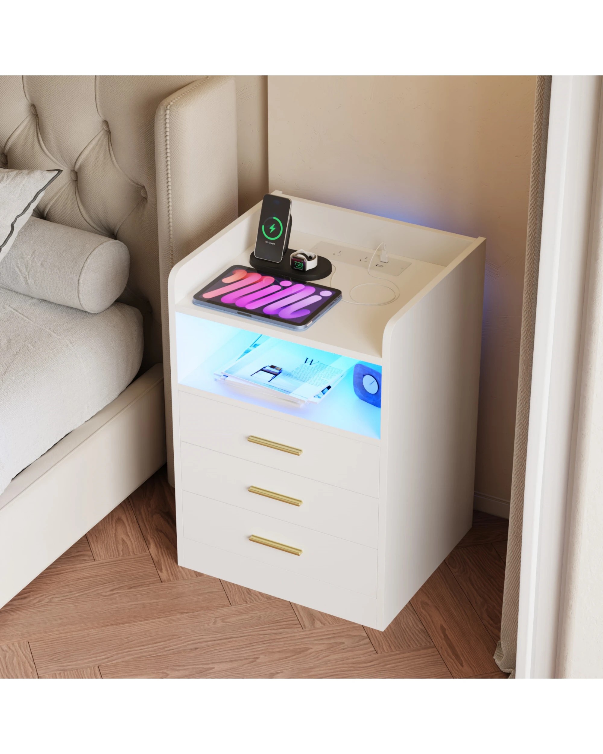 2 Advwin RGB LED Bedside Table with Charging Station 3 Drawers - White, 2 of 9