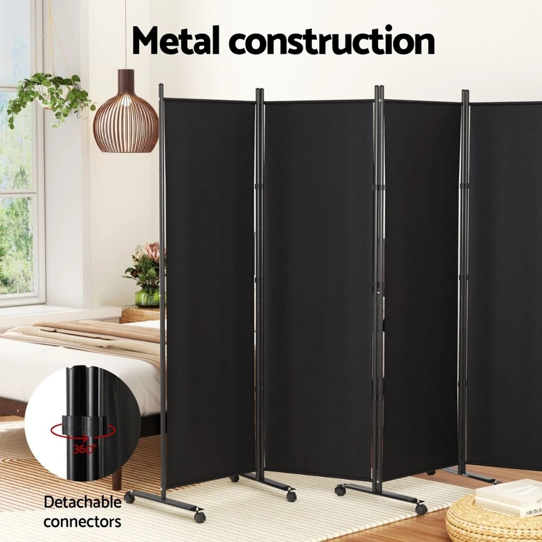 5 Artiss 4 Panel Room Divider Screen 217cm Fabric with Wheels Foldable Folding Metal Steel Frame Privacy Partition - black, 5 of 7