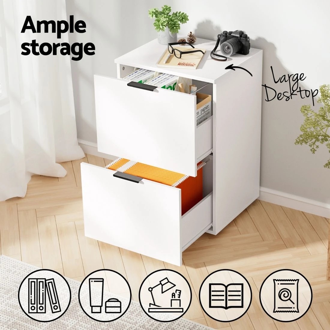 6 Artiss Filing Cabinet Files Storage Office Shelves File Organiser White 2 Drawer - White, 6 of 8