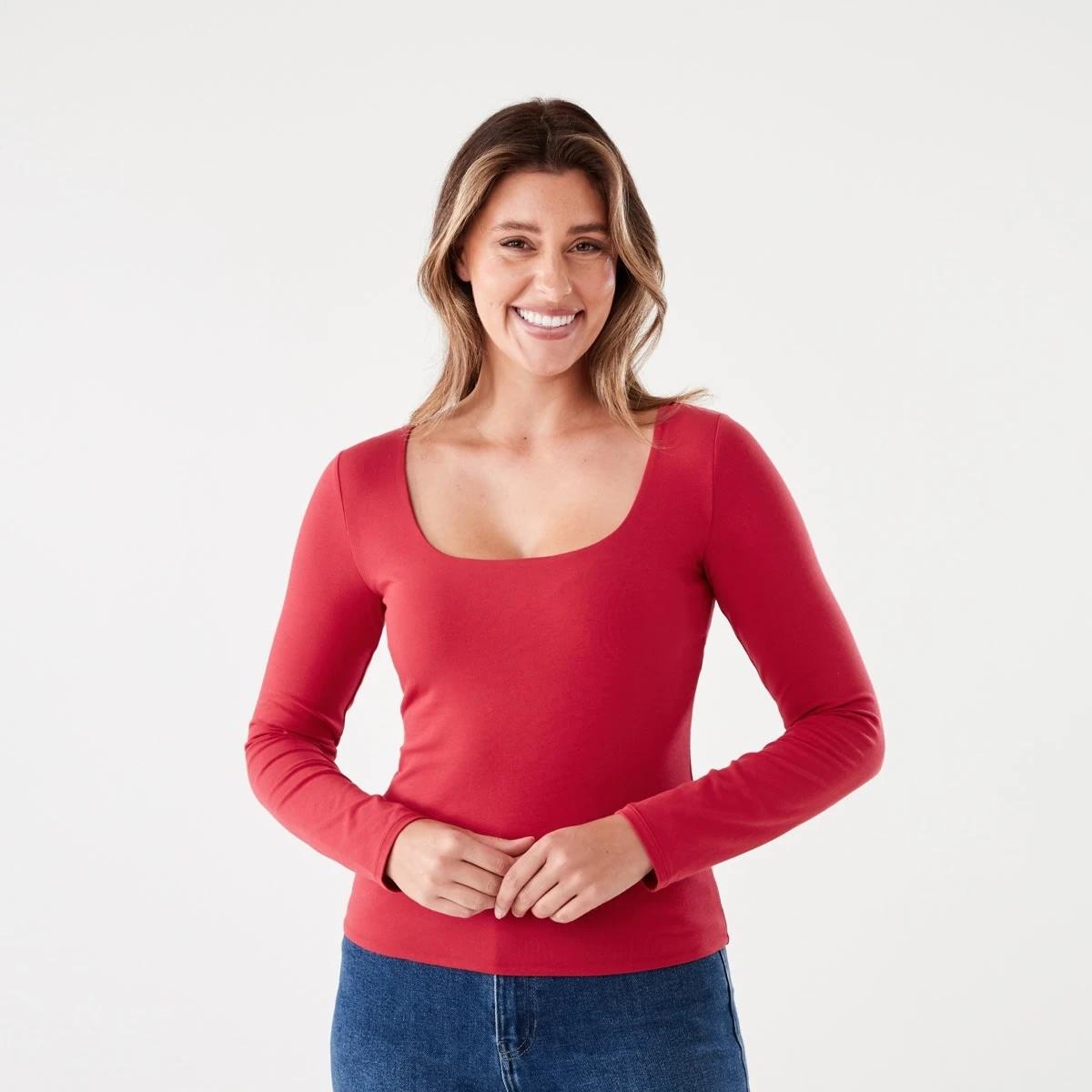 2 Long Sleeve Square Neck Top Urbn Red, 2 of 6