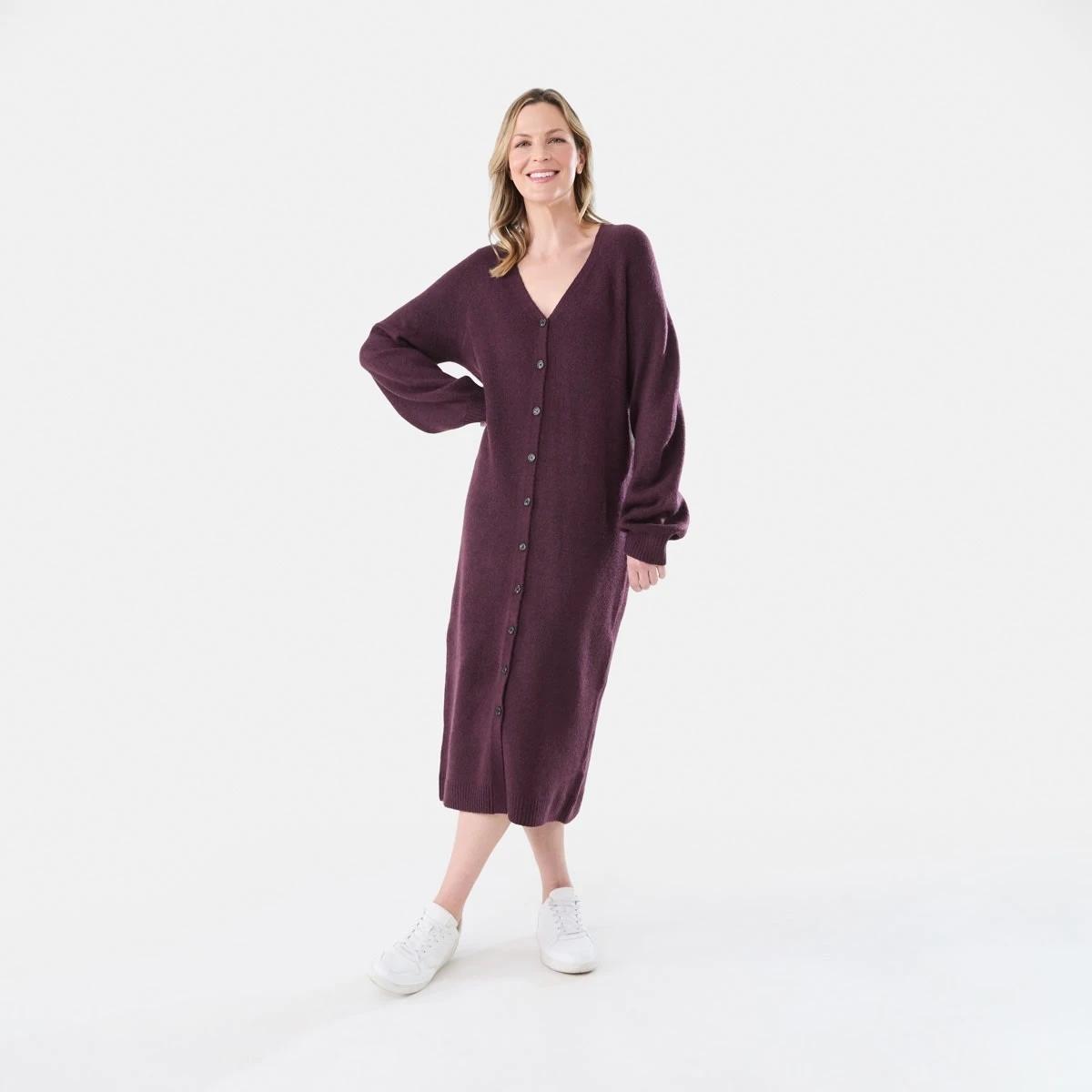 1 Long Sleeve Cardigan Knit Midi Dress Mulberry, 1 of 5