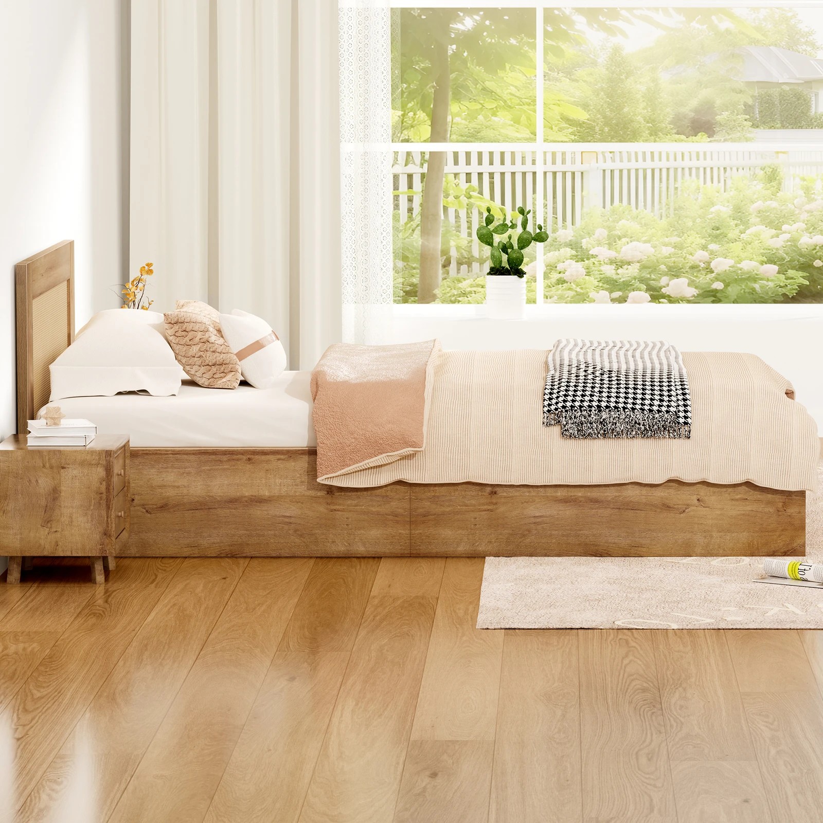 6 Alfordson Wooden Bed Frame Single Size Rattan Bed Base with Storage Drawer - Oak, 6 of 10