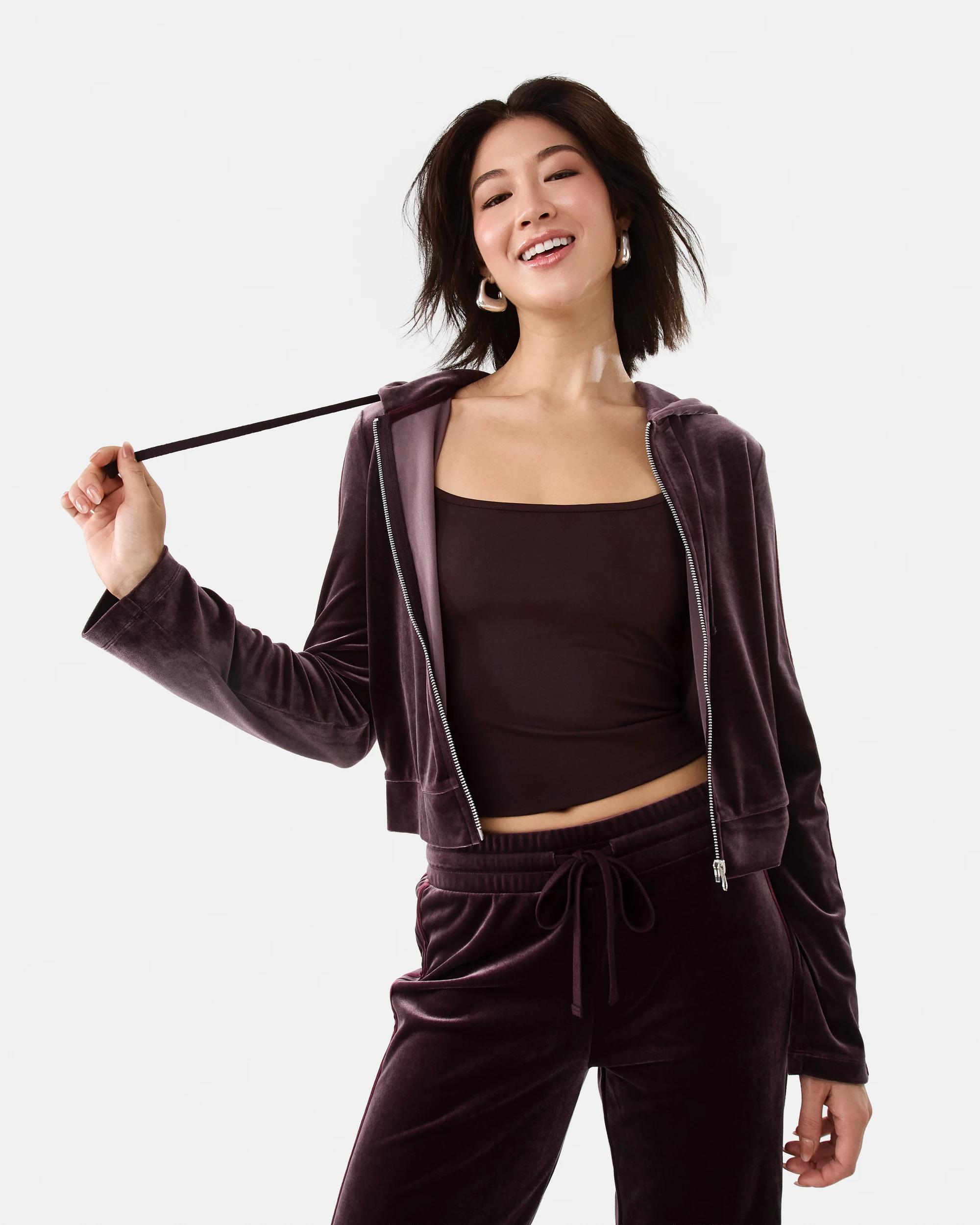 1 Velour Cropped Hoodie Choc Plum, 1 of 9