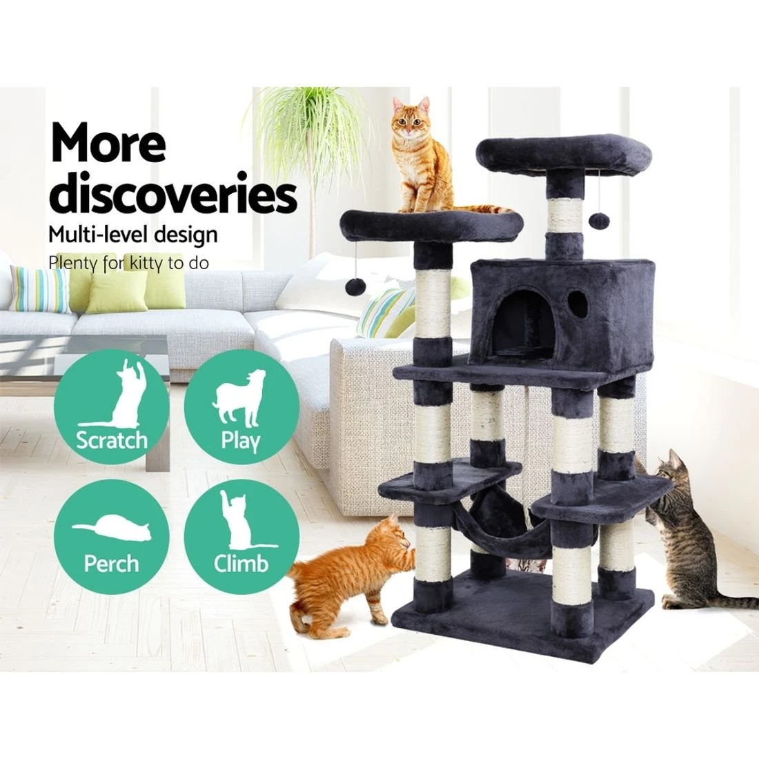 4 I.pet Cat Tree 145cm Tower Scratching Post Scratcher Wood Condo House Large Bed
 - Grey, 4 of 6