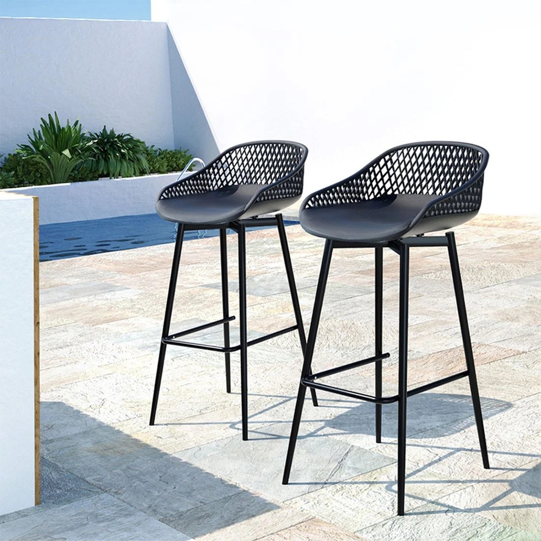 3 Gardeon 2PC Outdoor Bar Stools Plastic Metal Dining Chair Patio Furniture - Black, 3 of 7