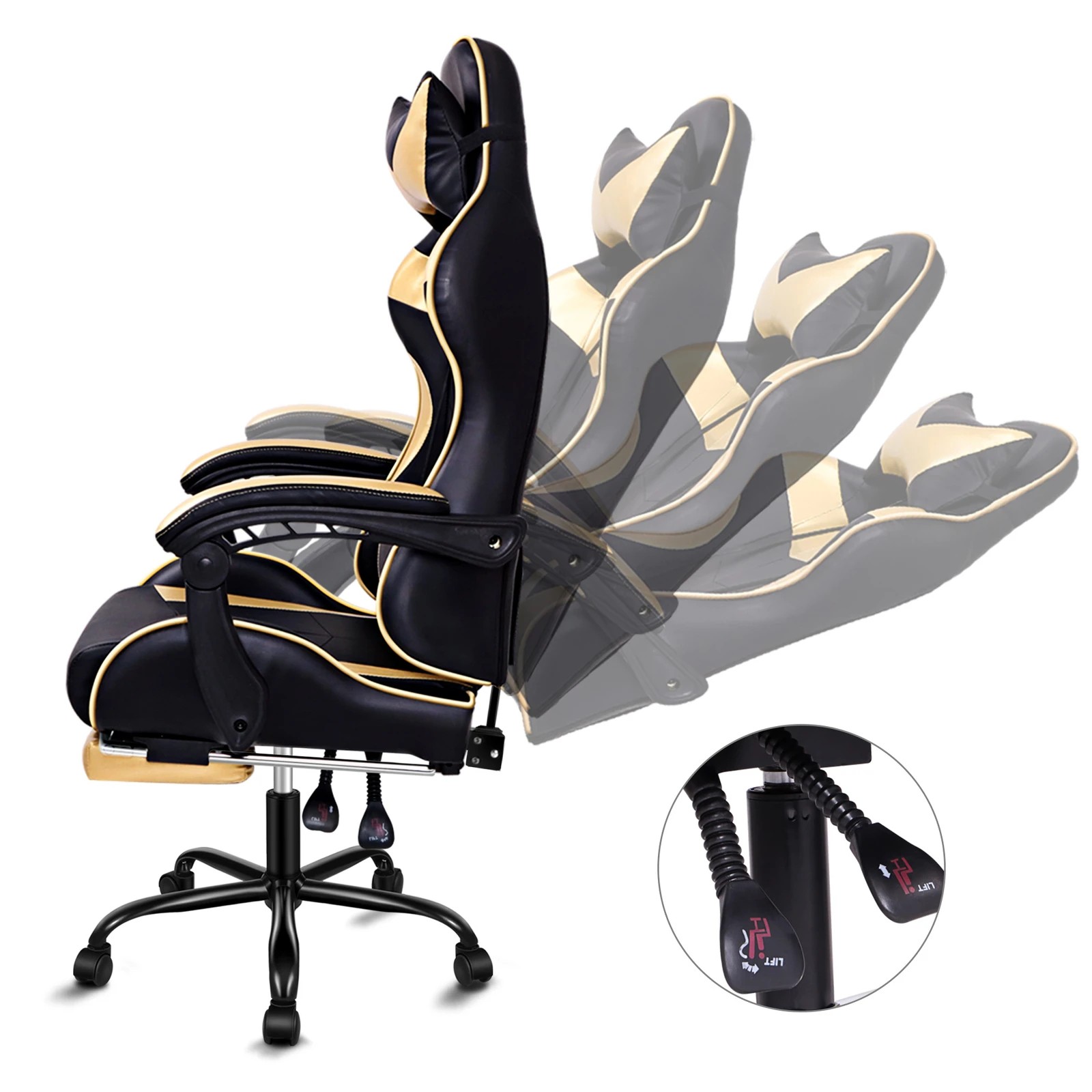 5 Alfordson Gaming Chair Office Massage Computer Racing Seat PU Leather - Gold, 5 of 10
