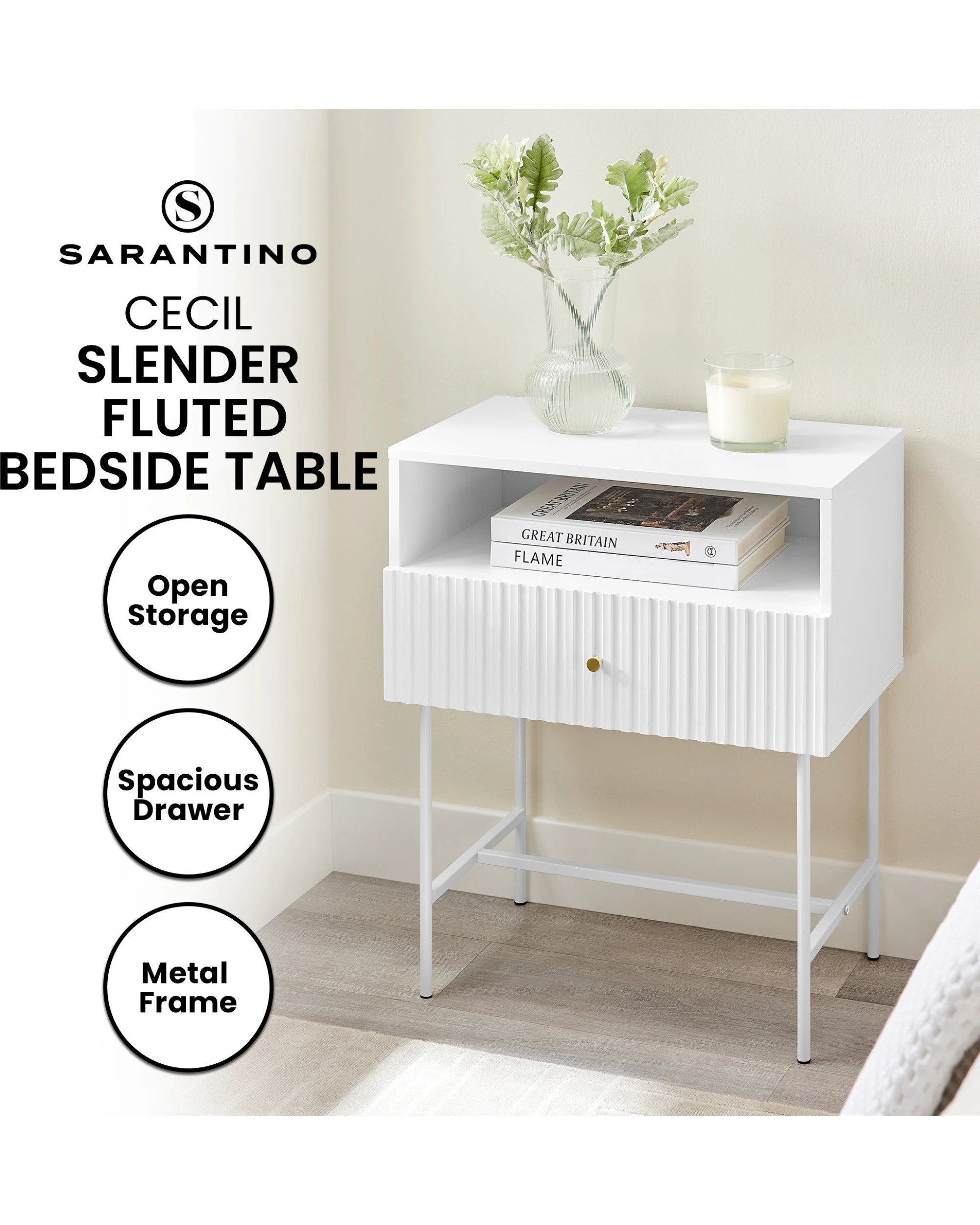 8 Sarantino Cecil Slender Fluted Bedside Table - White, 8 of 8