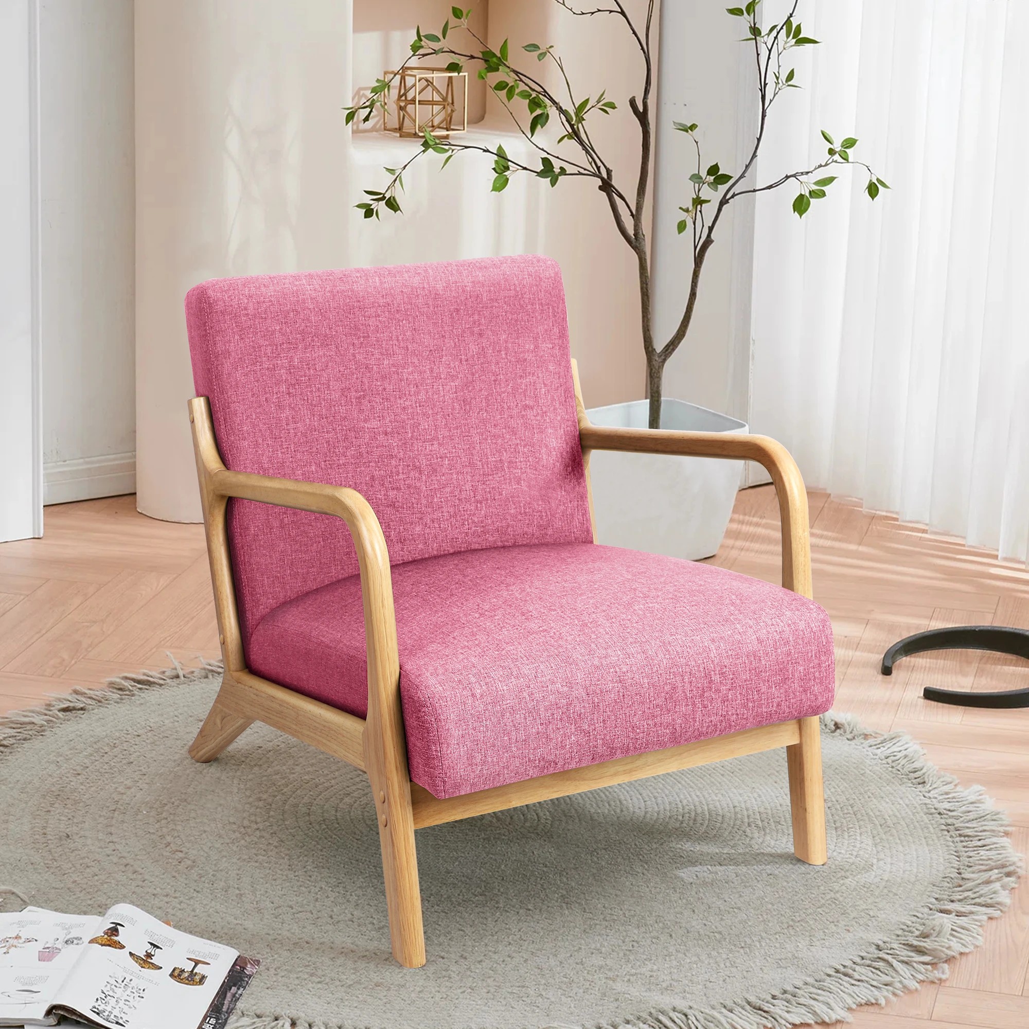 4 Alfordson Armchair Lounge Chair Fabric Accent Chairs Wooden Sofa Couch - Pink, 4 of 9