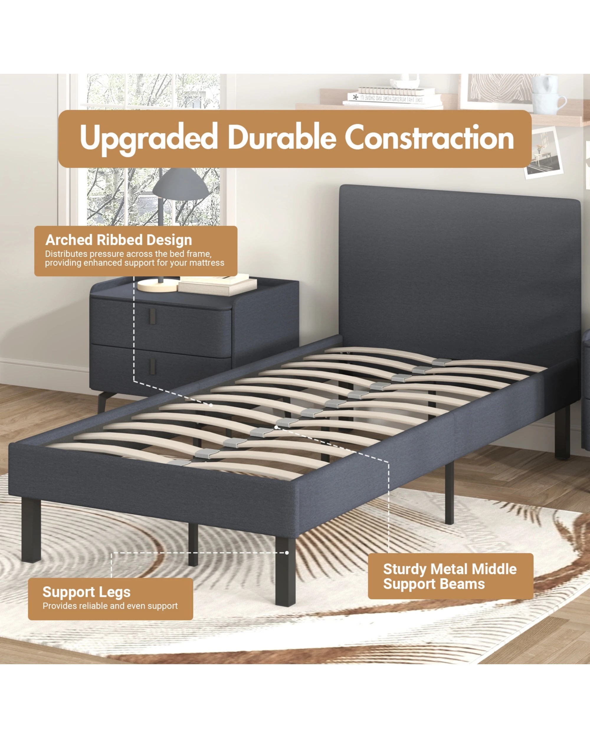 4 Advwin Single Bed Frame Platform Fabric With Upholstered Headboard Grey, 4 of 8