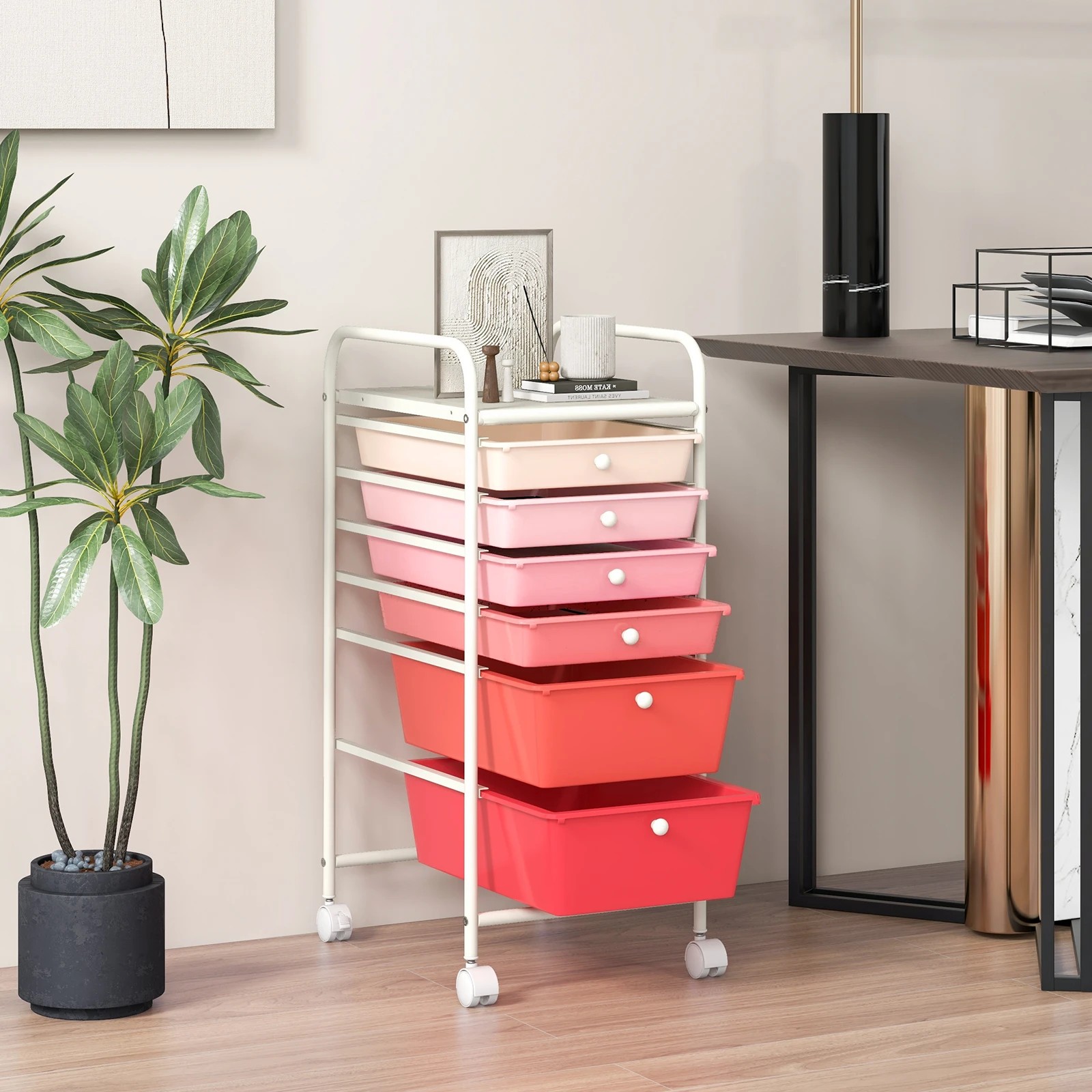 5 Costway 6 Drawers Rolling Storage Cart Mobile Utility Trolley - Pink, 5 of 7