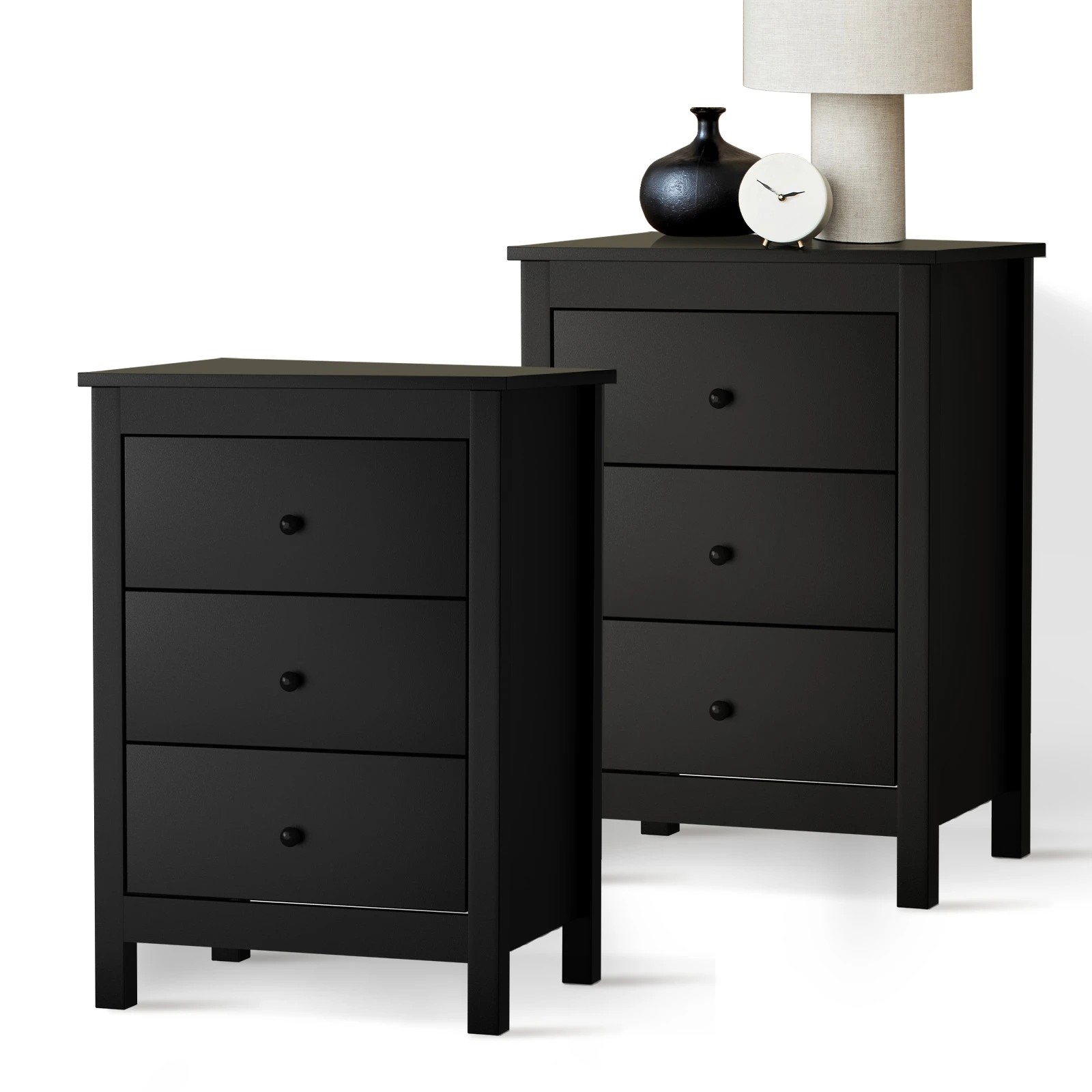 1 Oikiture Bedside Tables Set of 2 Nightstands Storage Cabinet 3 Drawers - Black, 1 of 9