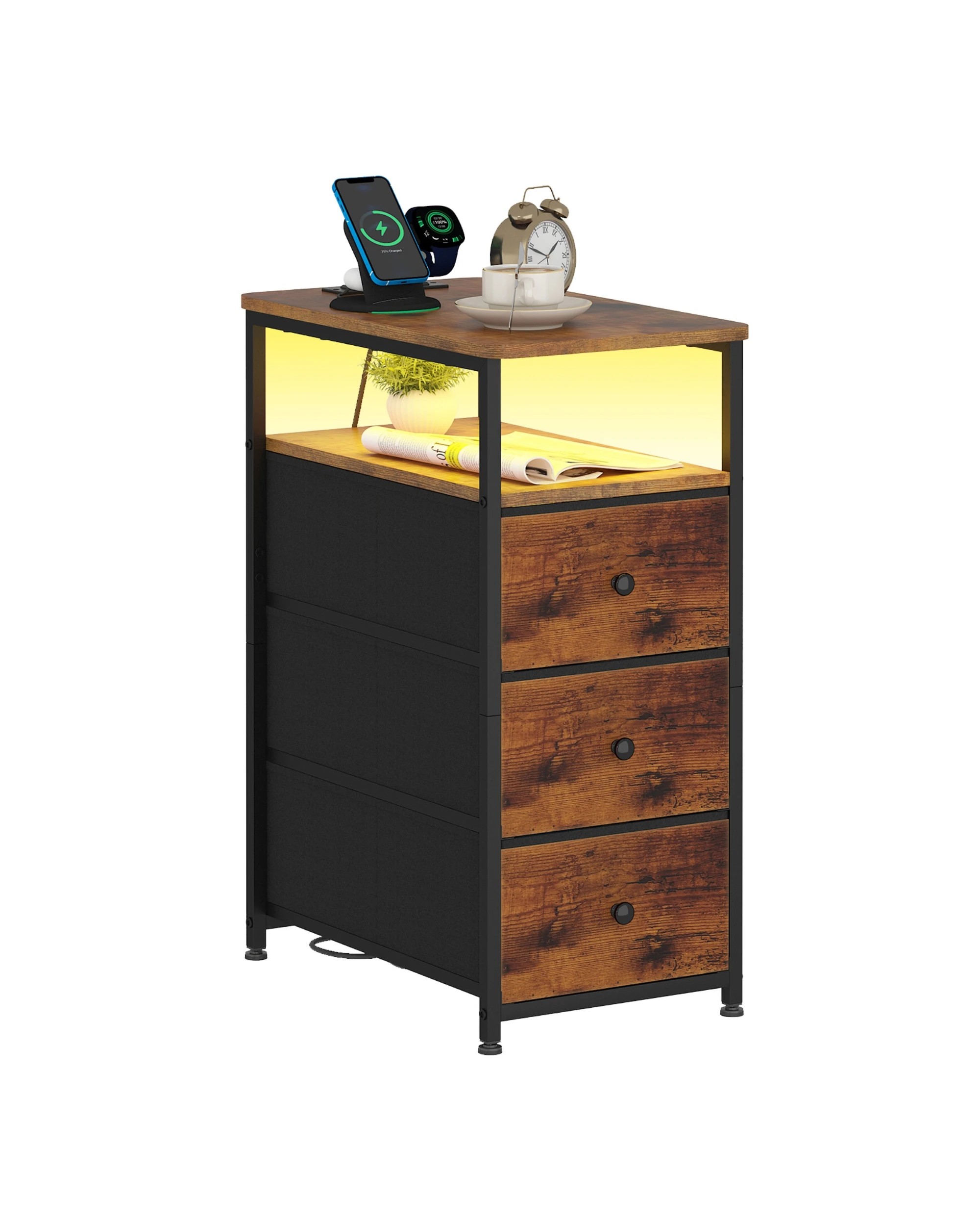 3 Advwin LED End Table Sofa Side Table with Charging Station and Drawers Narrow Bedside Table, 3 of 8