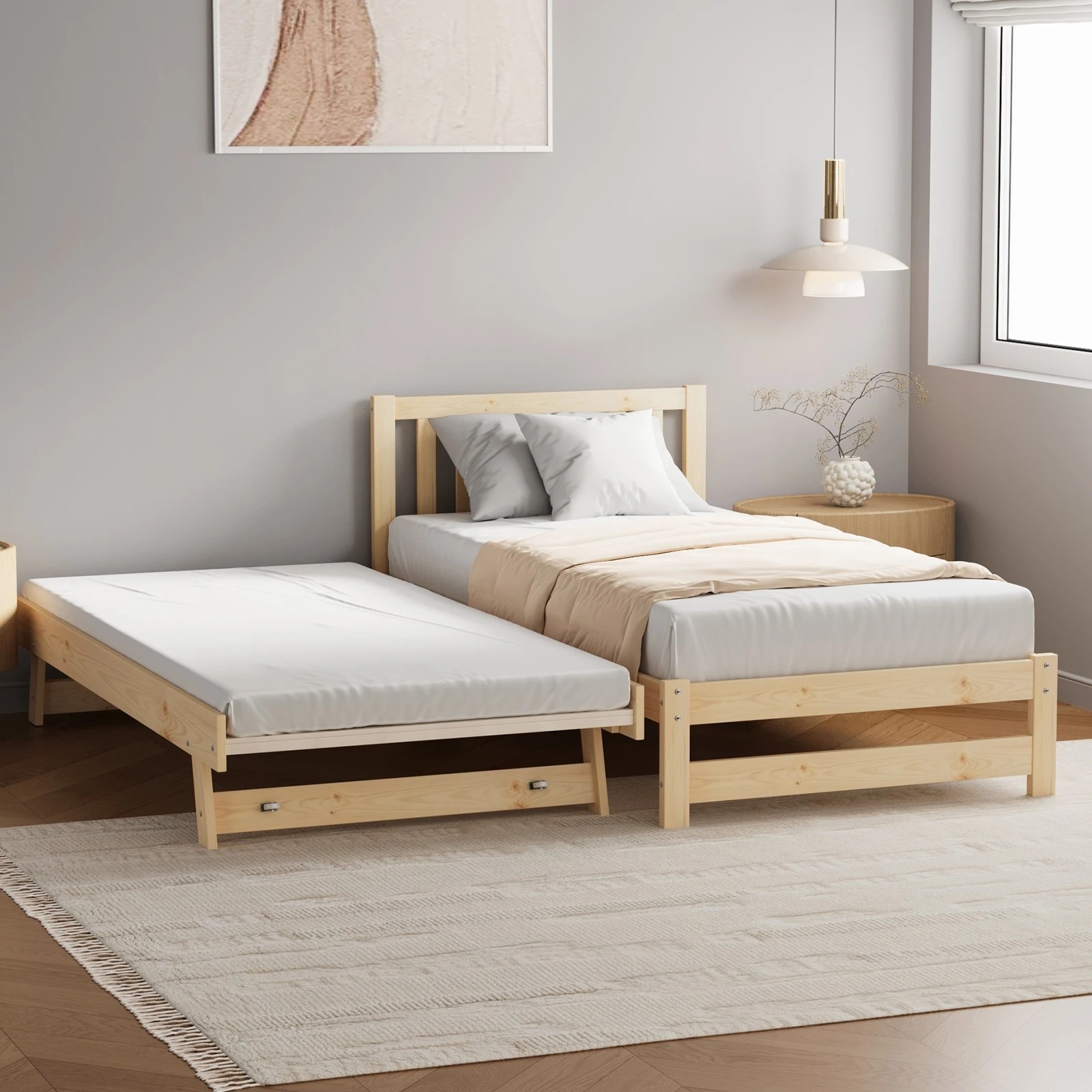 3 Oikiture Trundle Kids Bed Frame Single Wood - Natural, 3 of 10