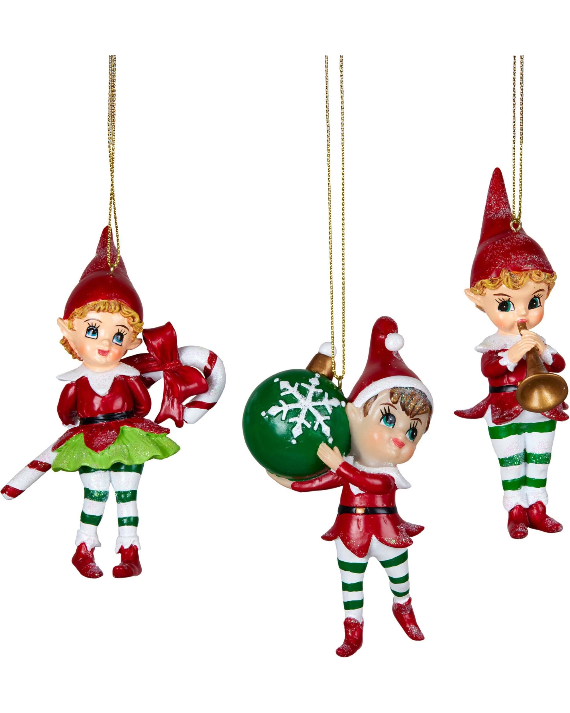 1 Christabelle 3 Elf Christmas Ornaments Assorted Character Figures 10.5cm Xmas Tree Decorations Hanging Baubles - Red, 1 of 5