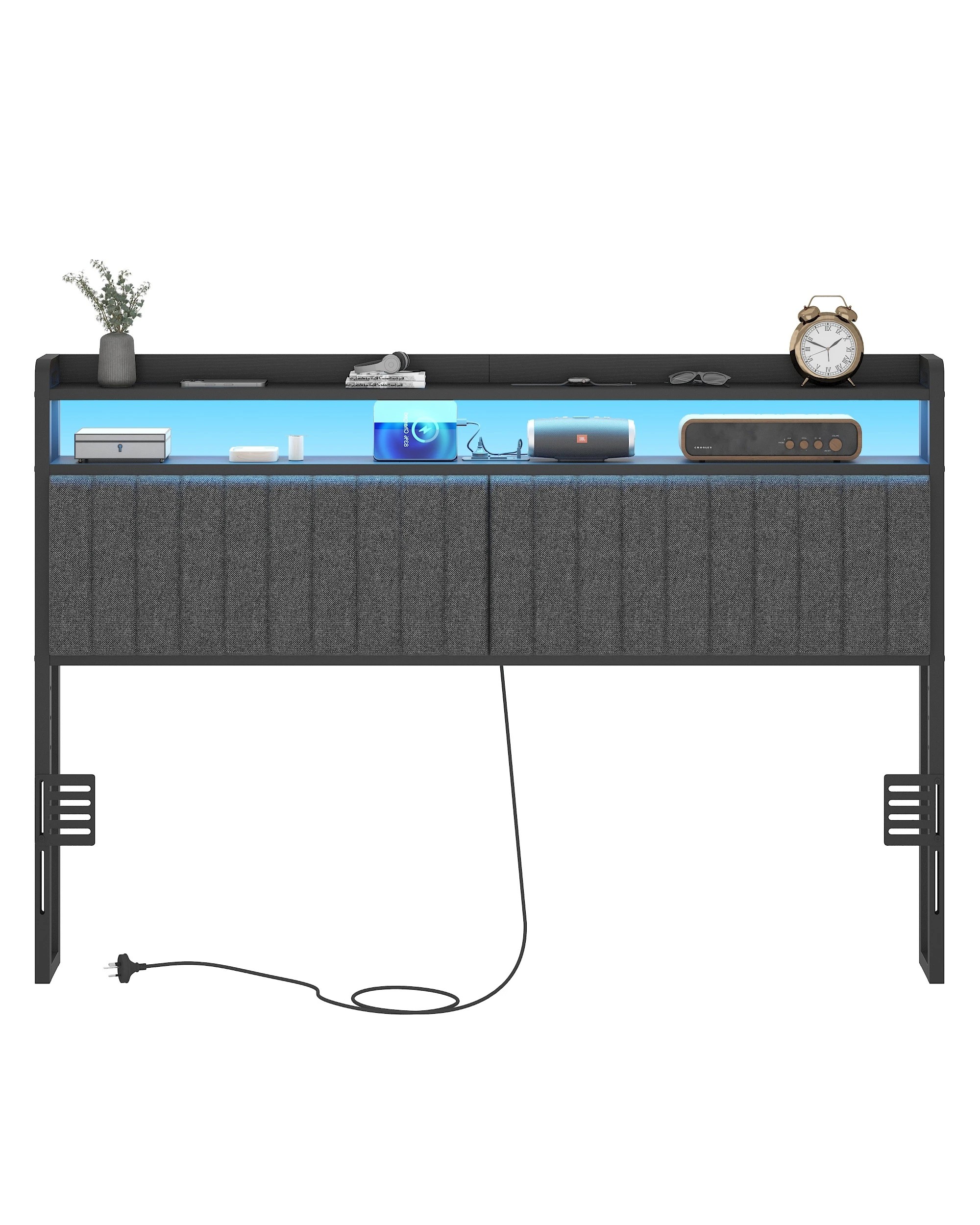 3 Advwin Double Size Storage Headboard Upholstered with LED Light Charging Station Height Adjustable - Black, 3 of 7