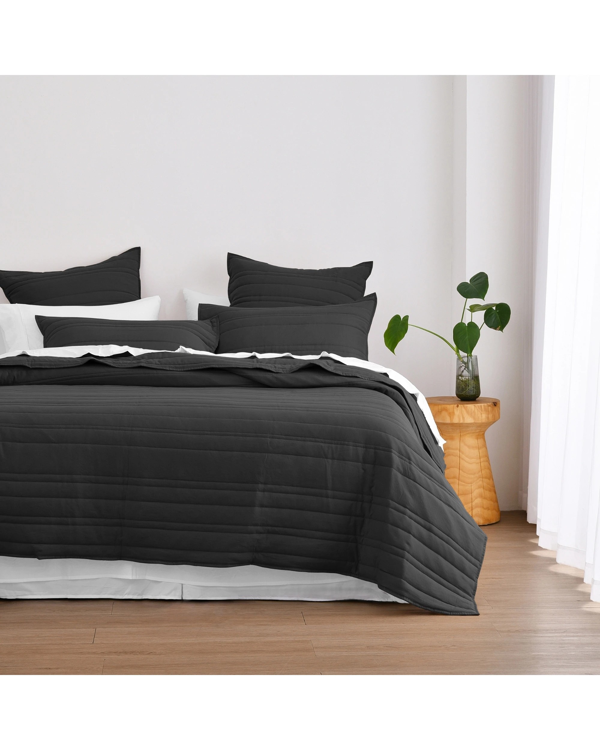 1 Dreamaker Superfine Washed Microfibre Stripe Quilted Coverlet Set - Queen/King - Black, 1 of 7