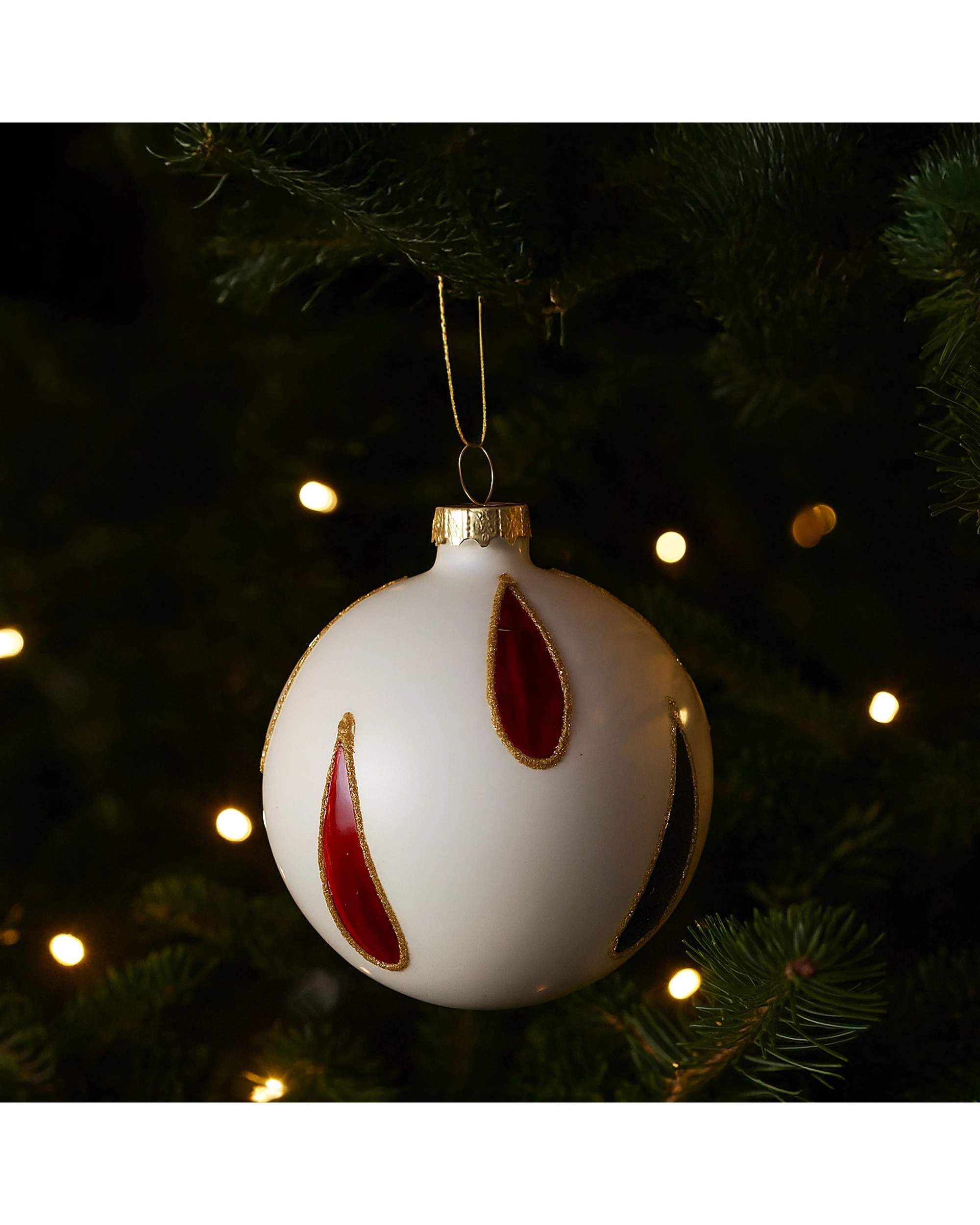 6 Christabelle White Glass Baubles 6-Pack 8cm with Red and Black Teardrop Design - White, 6 of 6