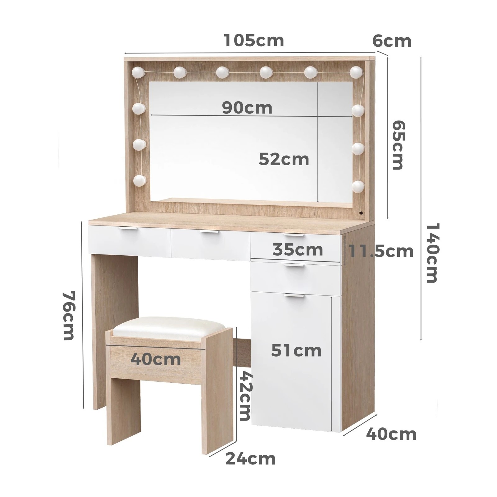 9 Alfordson Dressing Table Stool Set Makeup Mirror Desk 12 LED Bulbs - Oak, 9 of 10