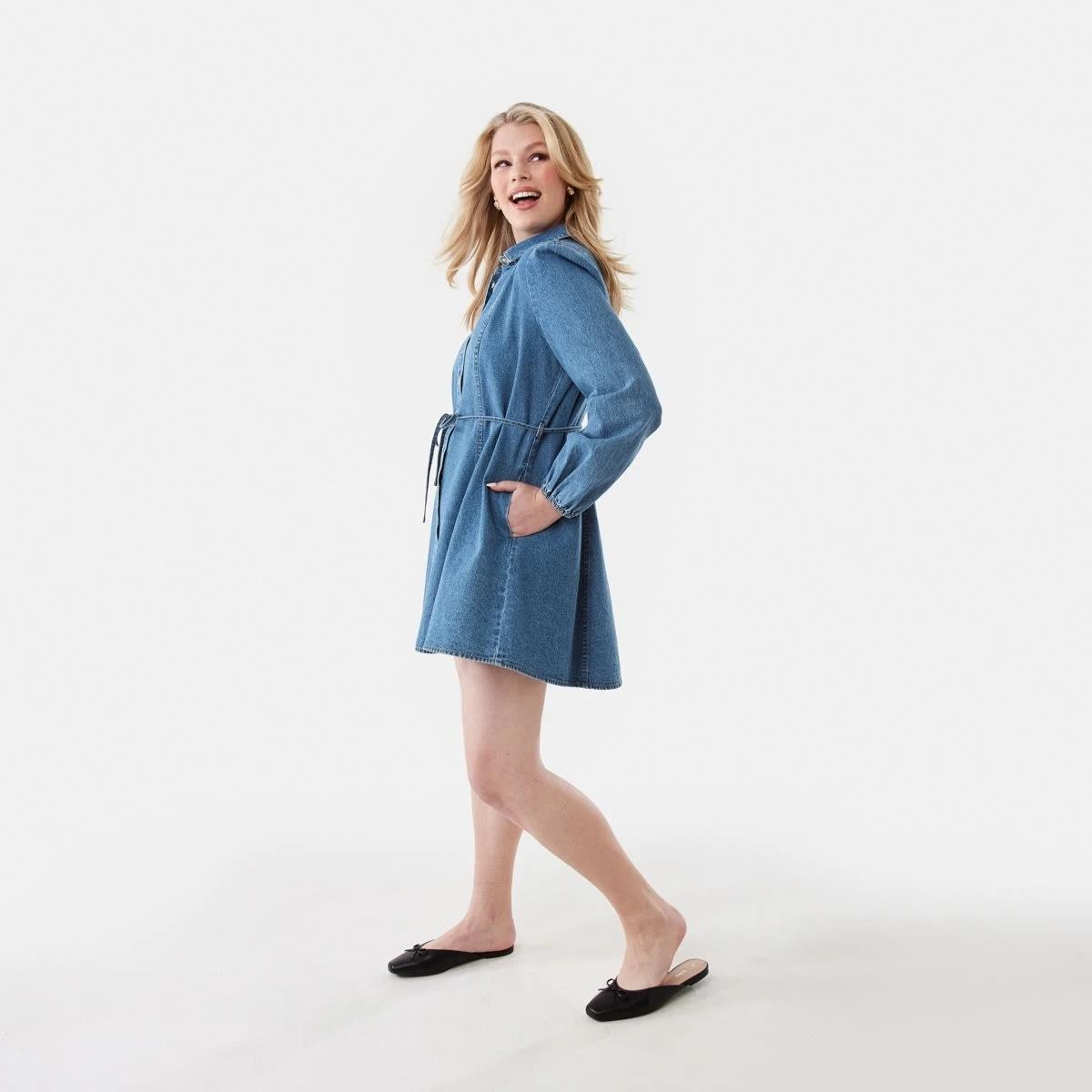 3 Long Sleeve Denim Swing Mini Dress Mid Wash, 3 of 8