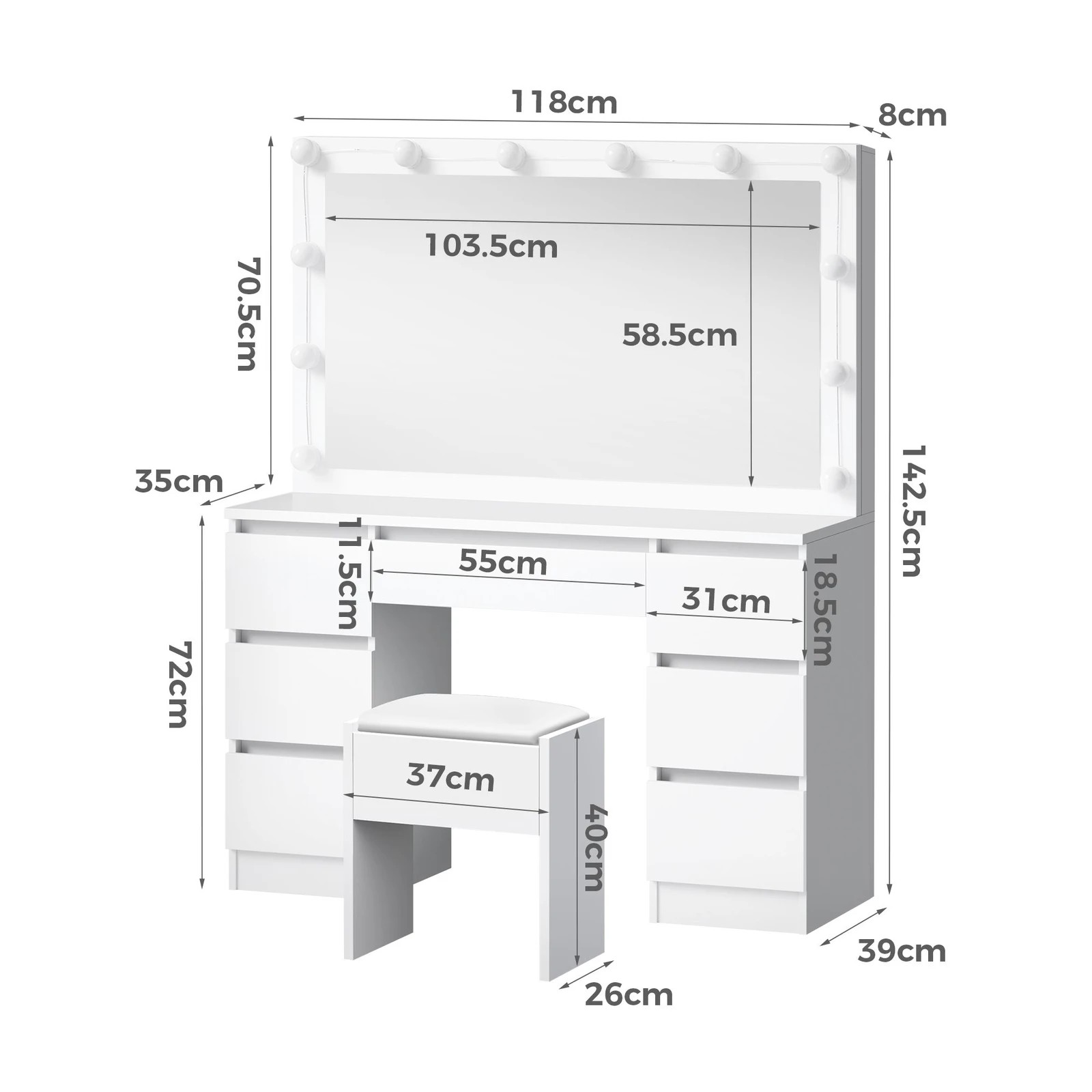 9 Alfordson Dressing Table Stool Set Makeup Mirror Desk LED 12 Bulbs - White, 9 of 10