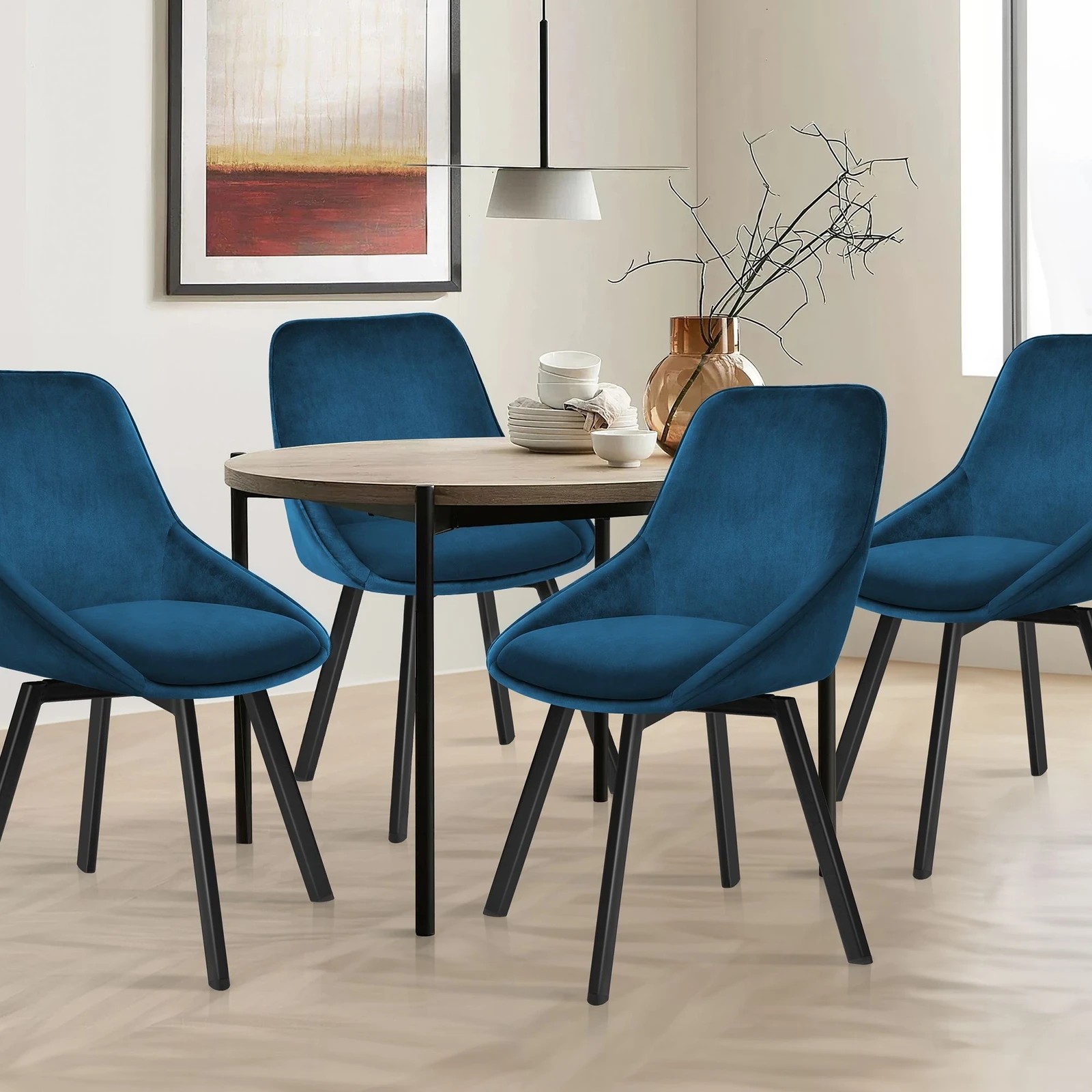 3 Alfordson 2x Dining Chairs Accent Kitchen Swivel Lounge Padded Seat Velvet - Blue, 3 of 9