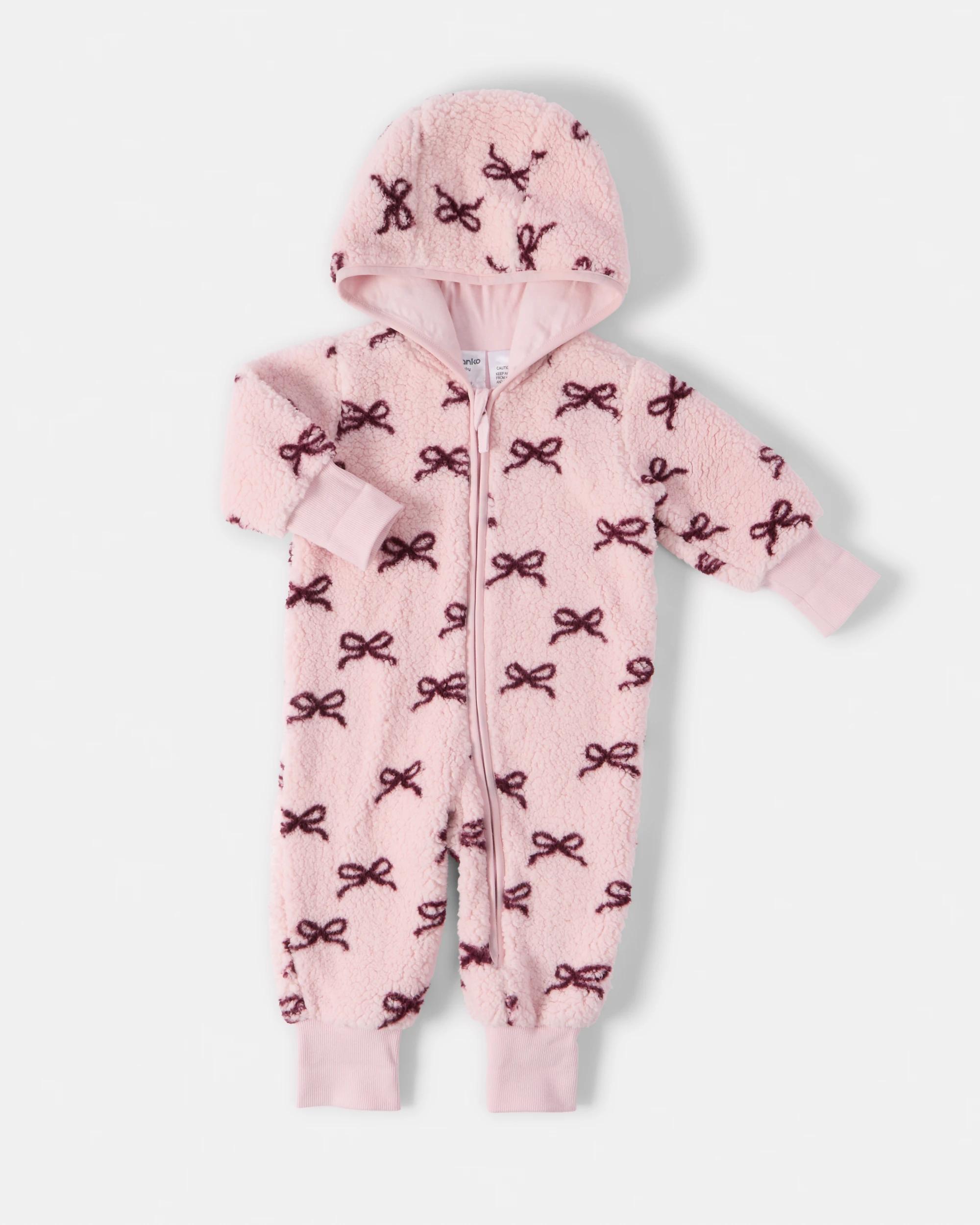 1 Printed Fluffy Pramsuit Pnk Bow, 1 of 4