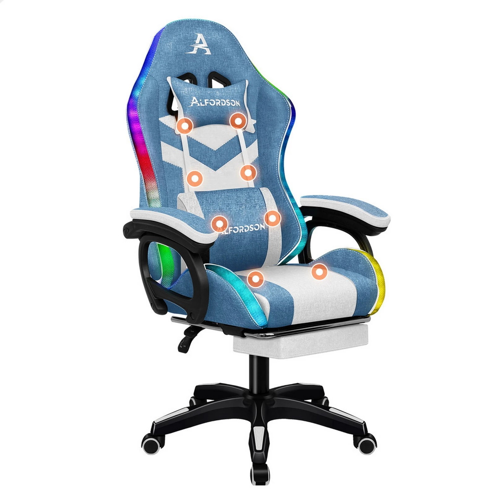 1 Alfordson Gaming Chair Office 12 RGB LED Massage Computer Fabric Seat - Blue White, 1 of 10