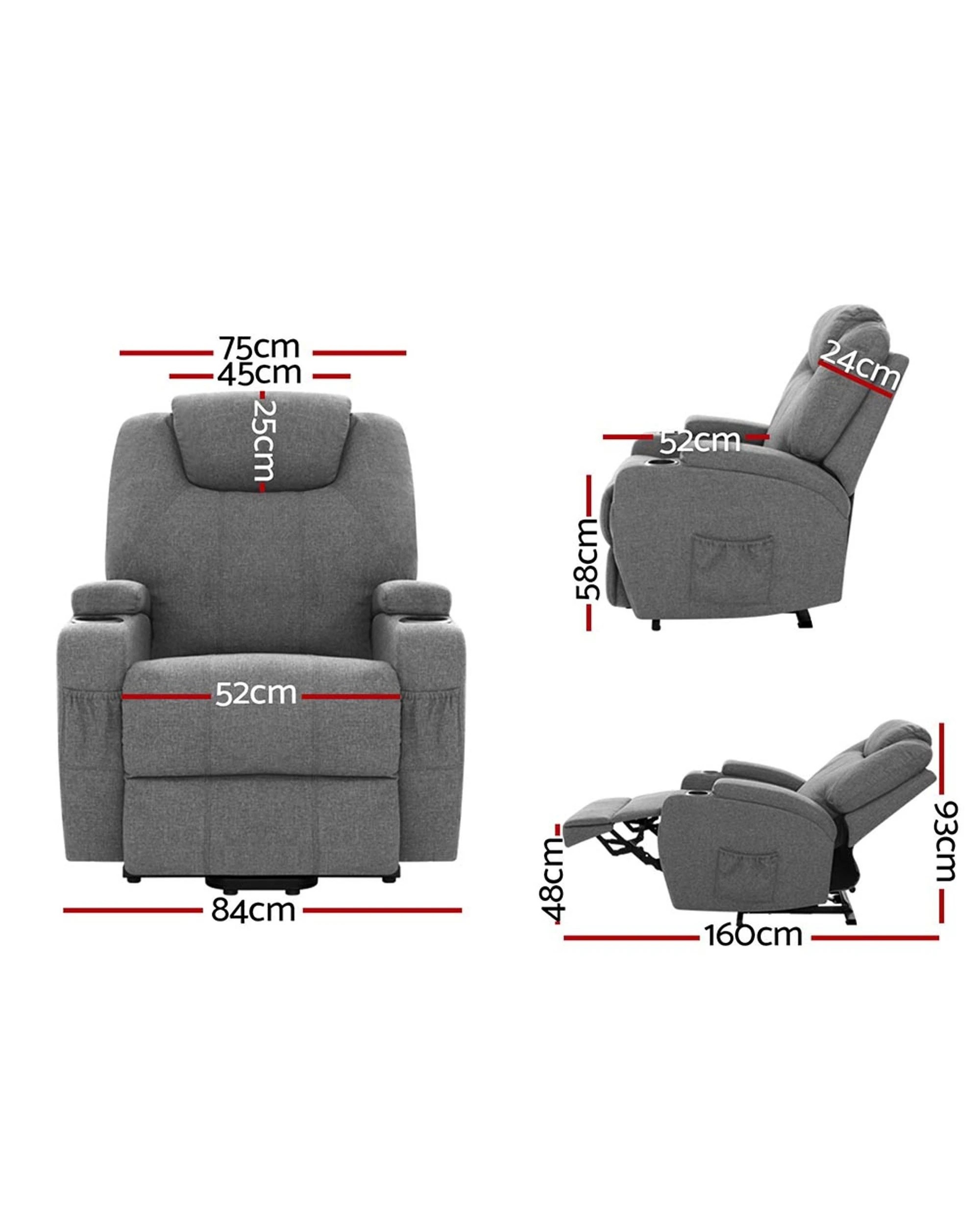 2 Artiss Recliner Chair Lift Assist Heated Massage Chair - Grey, 2 of 5