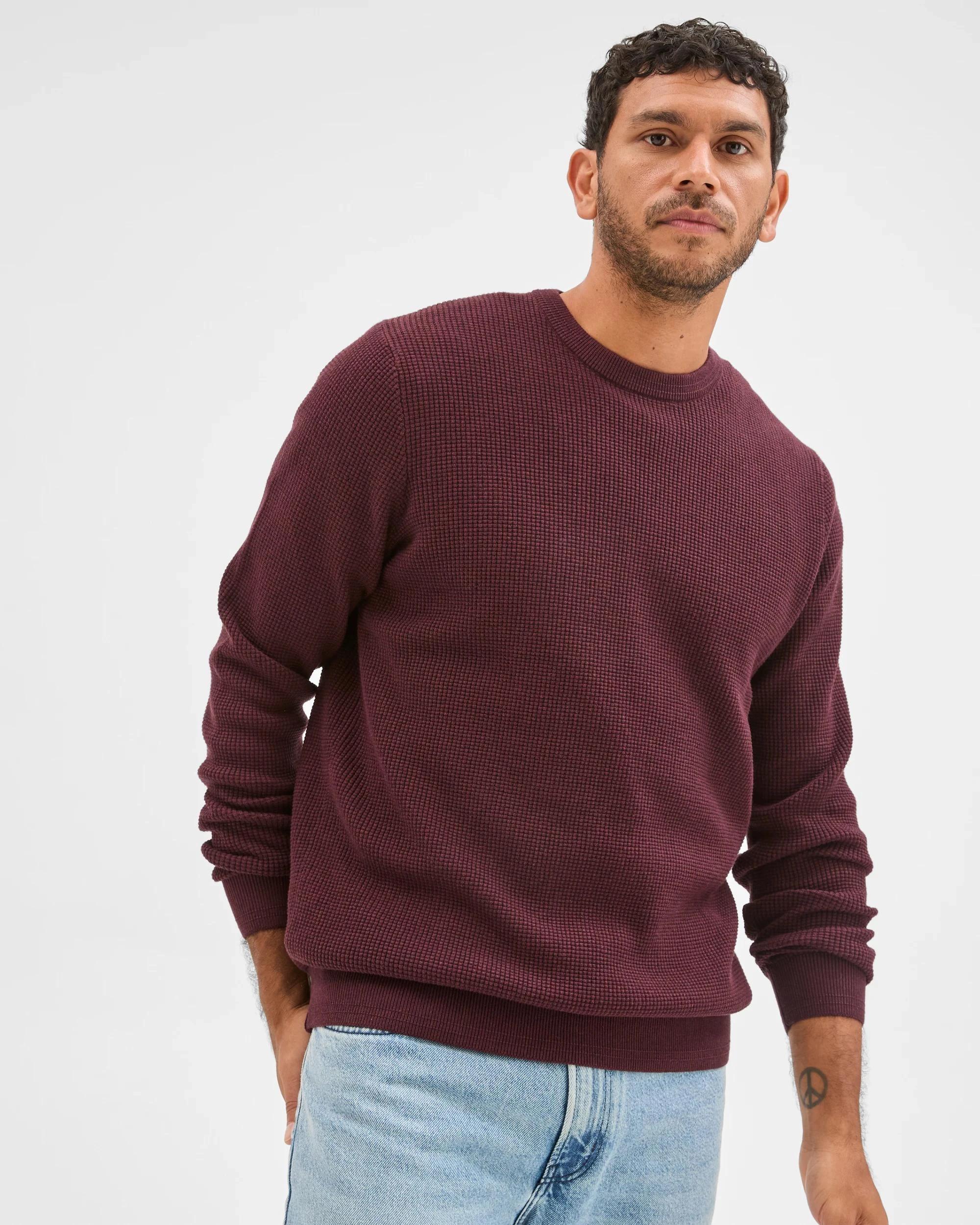 4 Target Man Australian Cotton Lightweight Waffle Knit Crew Neck Jumper OXBLOOD MARLE, 4 of 6