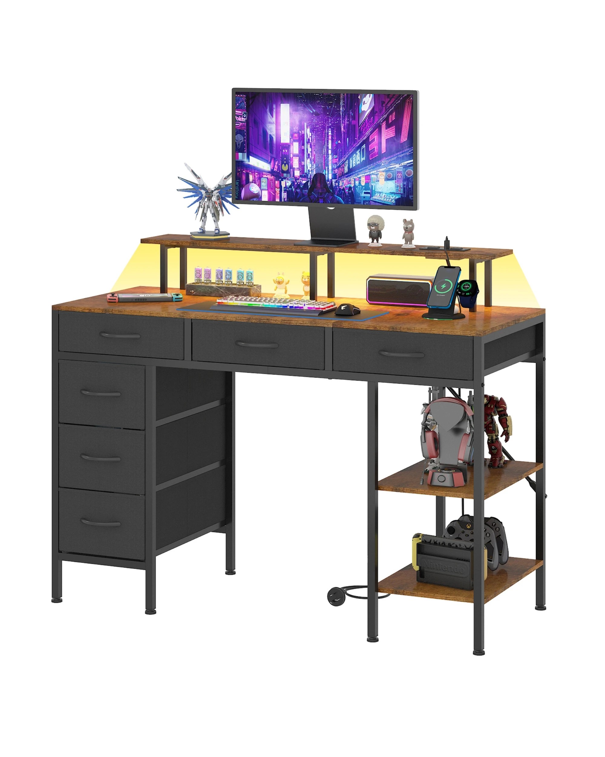 9 Advwin Gaming Desk with LED Lights & Power Outlets, 120cm Computer Desk with 6 Fabric Drawers, 9 of 9