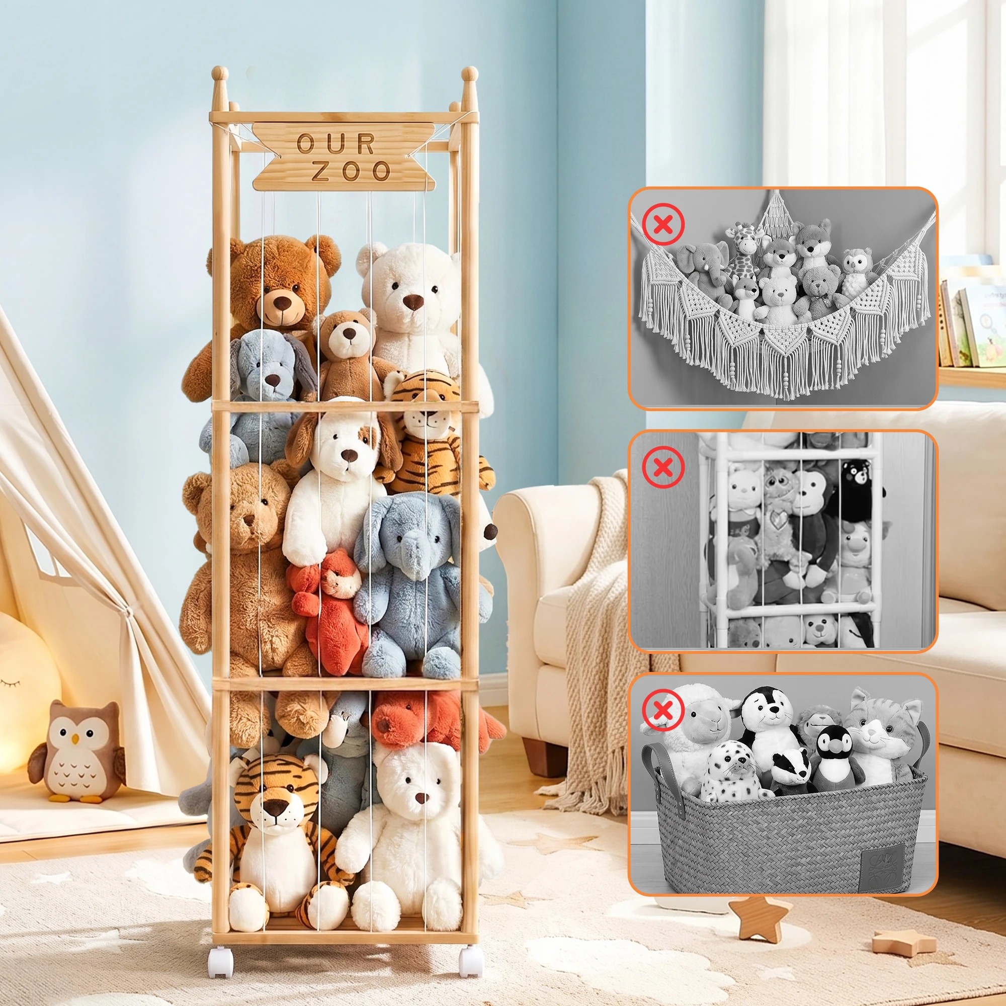 7 Keezi Stuffed Animal Toy Storage & Organizers Wooden Zoo Cage with Wheels Elastic Cords - Natural, 7 of 10
