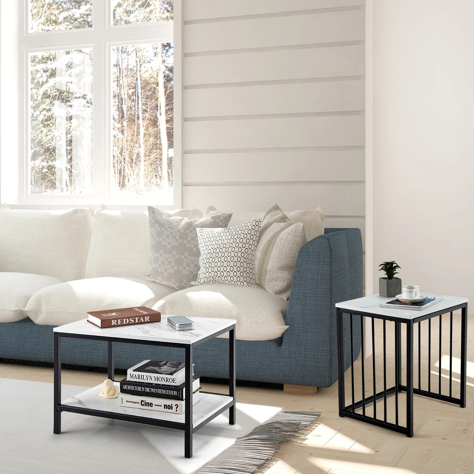 4 Costway Set of 2 Nesting Coffee Tables Rectangle Sofa Side Table w/Storage Shelf, 4 of 6